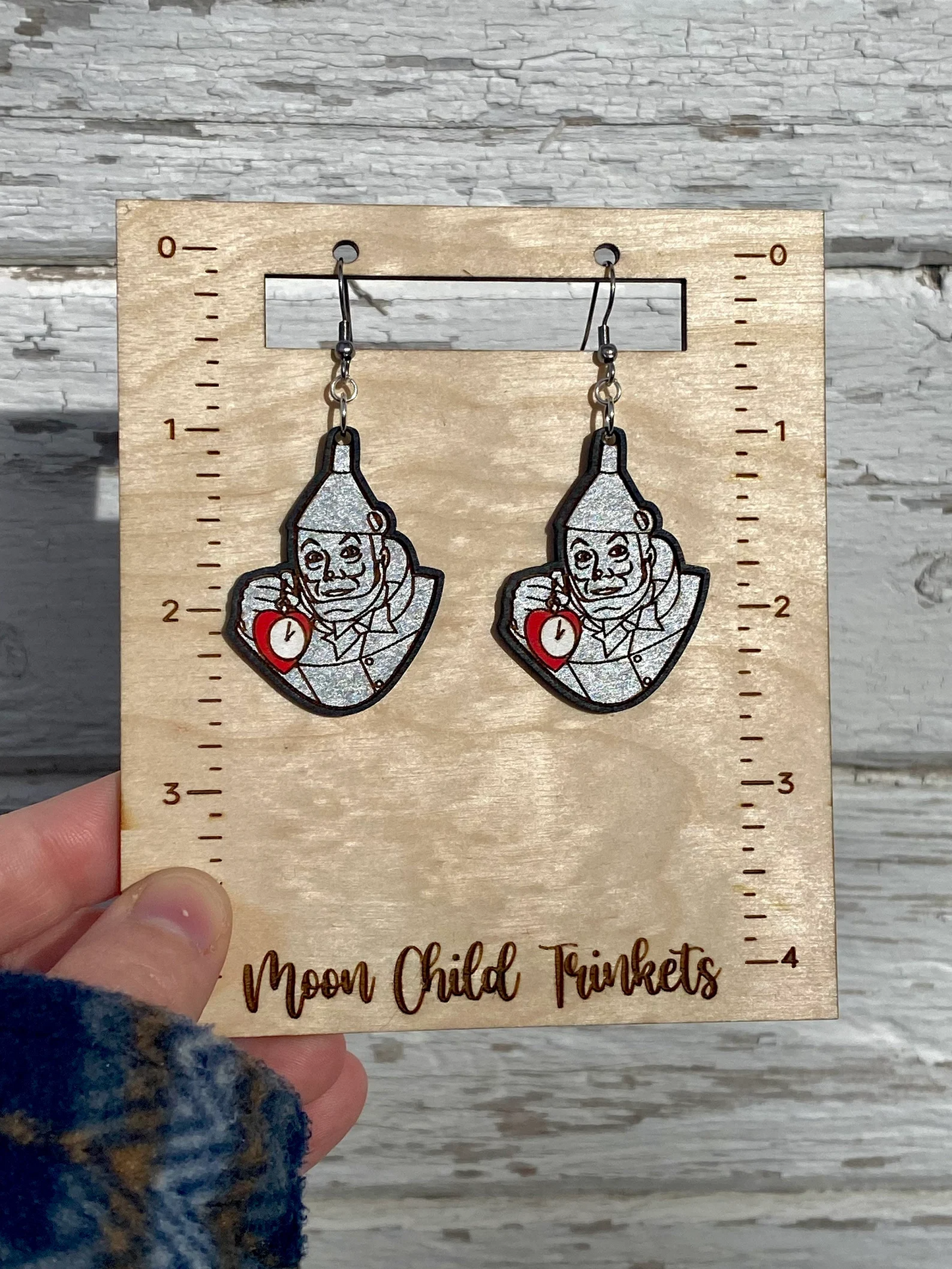 Wizard of Oz Inspired Tin Man Hand Painted Wood Dangle Earrings image 1