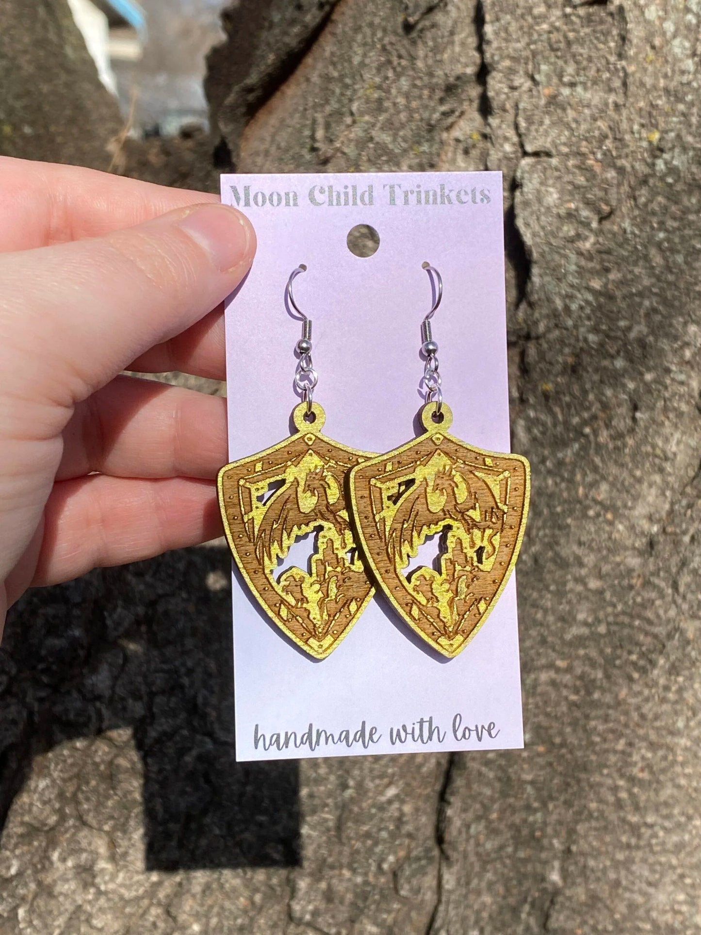 Medieval Dragon & Knight Shield Hand Painted Wood Dangle Earrings image 1
