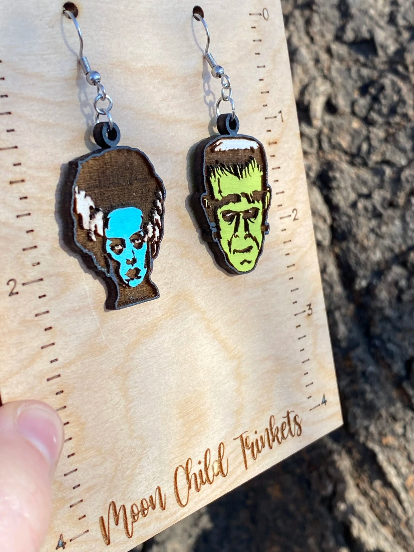 Frankenstein & Bride Of Frankenstein Hand Painted Wood Dangle Earrings image 2