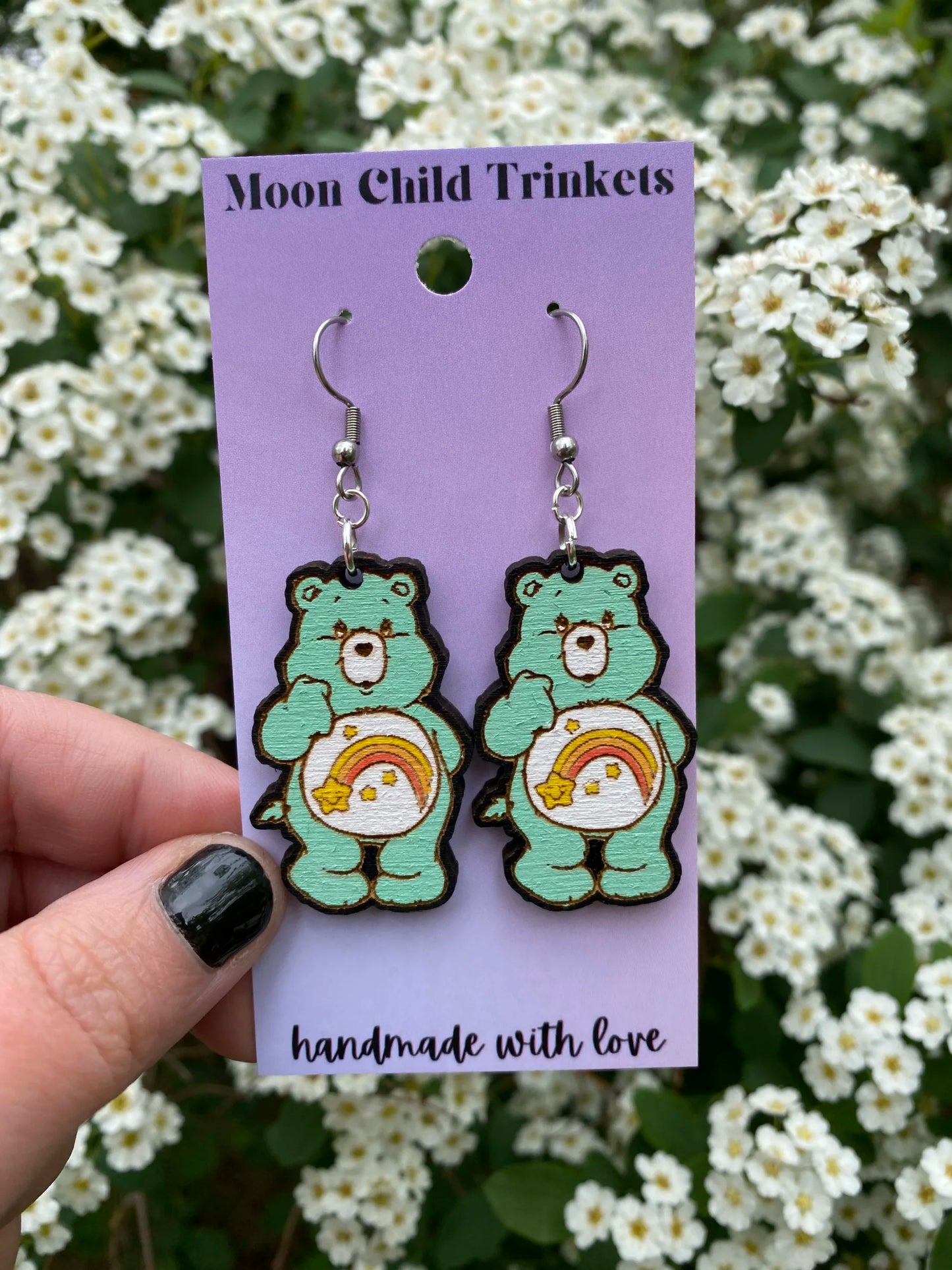 Wish Care Bear Hand Painted Wood Dangle Earrings image 3