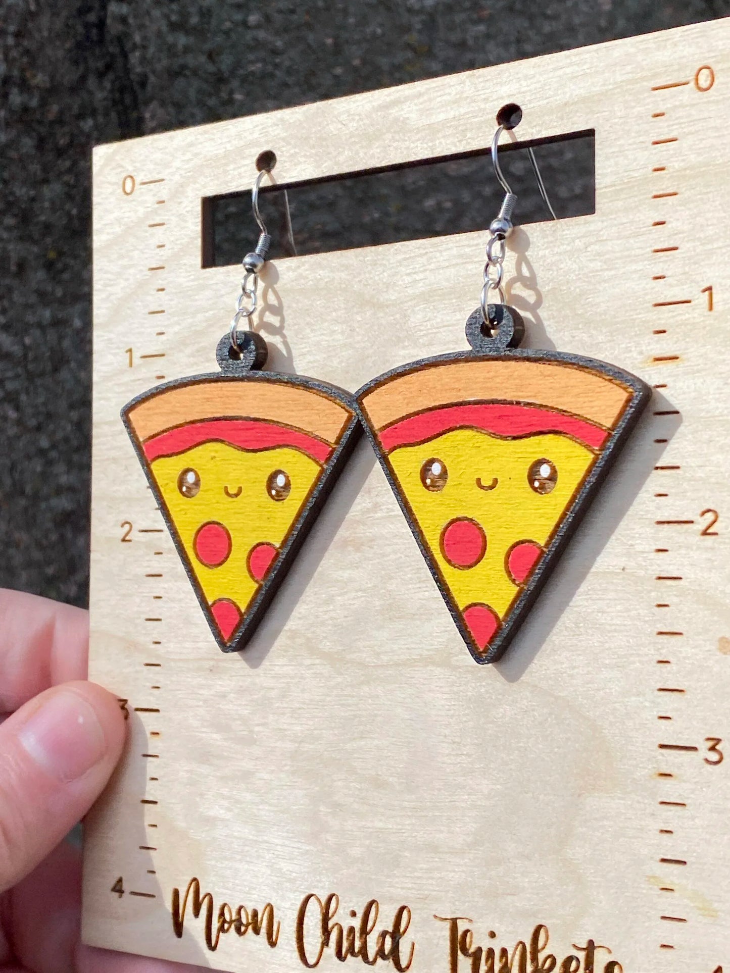 Pizza Kawaii Hand Painted Wood Dangle Earrings image 1