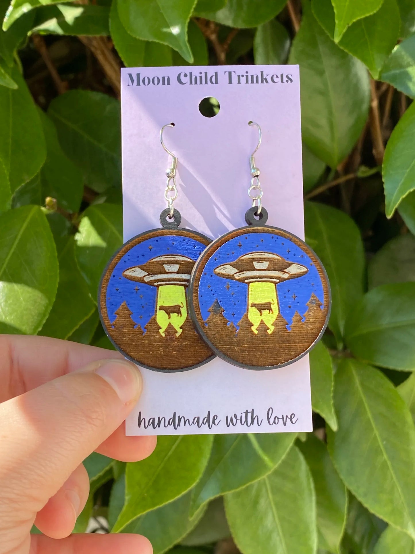 UFO Hand Painted Wood Dangle Earrings image 0