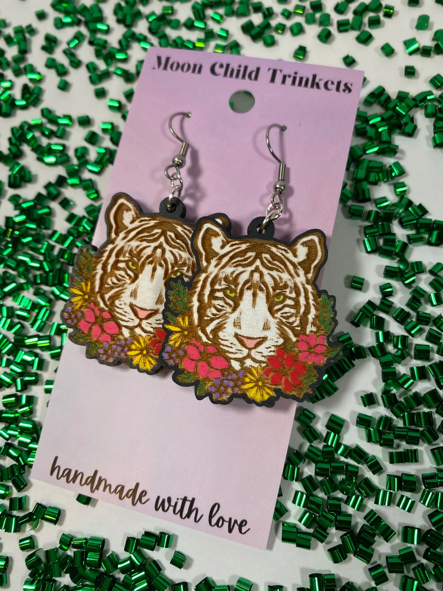 White Tiger Hand Painted Wood Dangle Earrings image 1