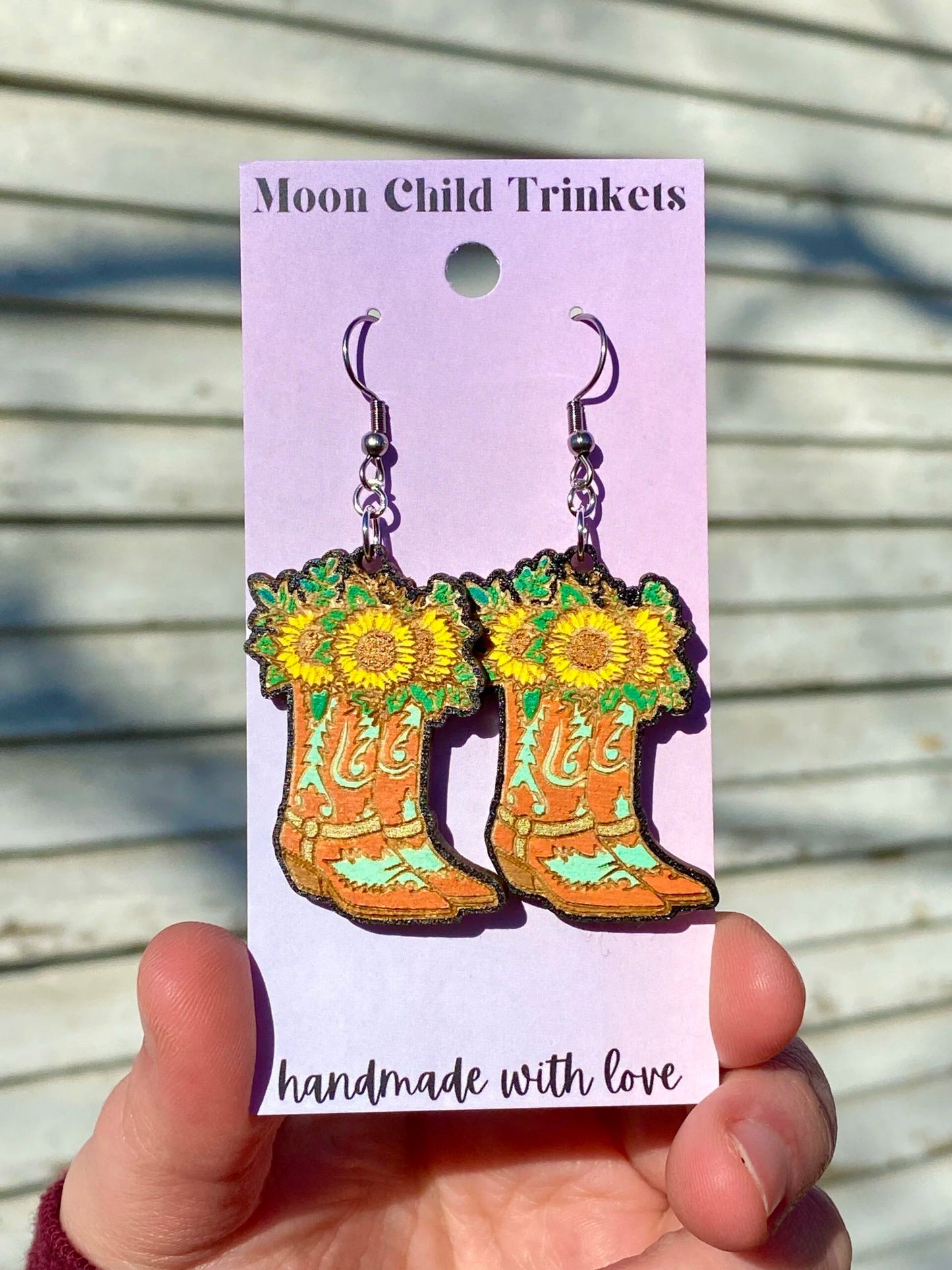 Sunflower Cowboy Boots Hand Painted Wood Dangle Earrings image 1