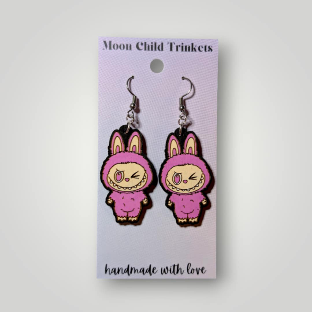 Labubu Monster Wink Hand Painted Wood Earrings