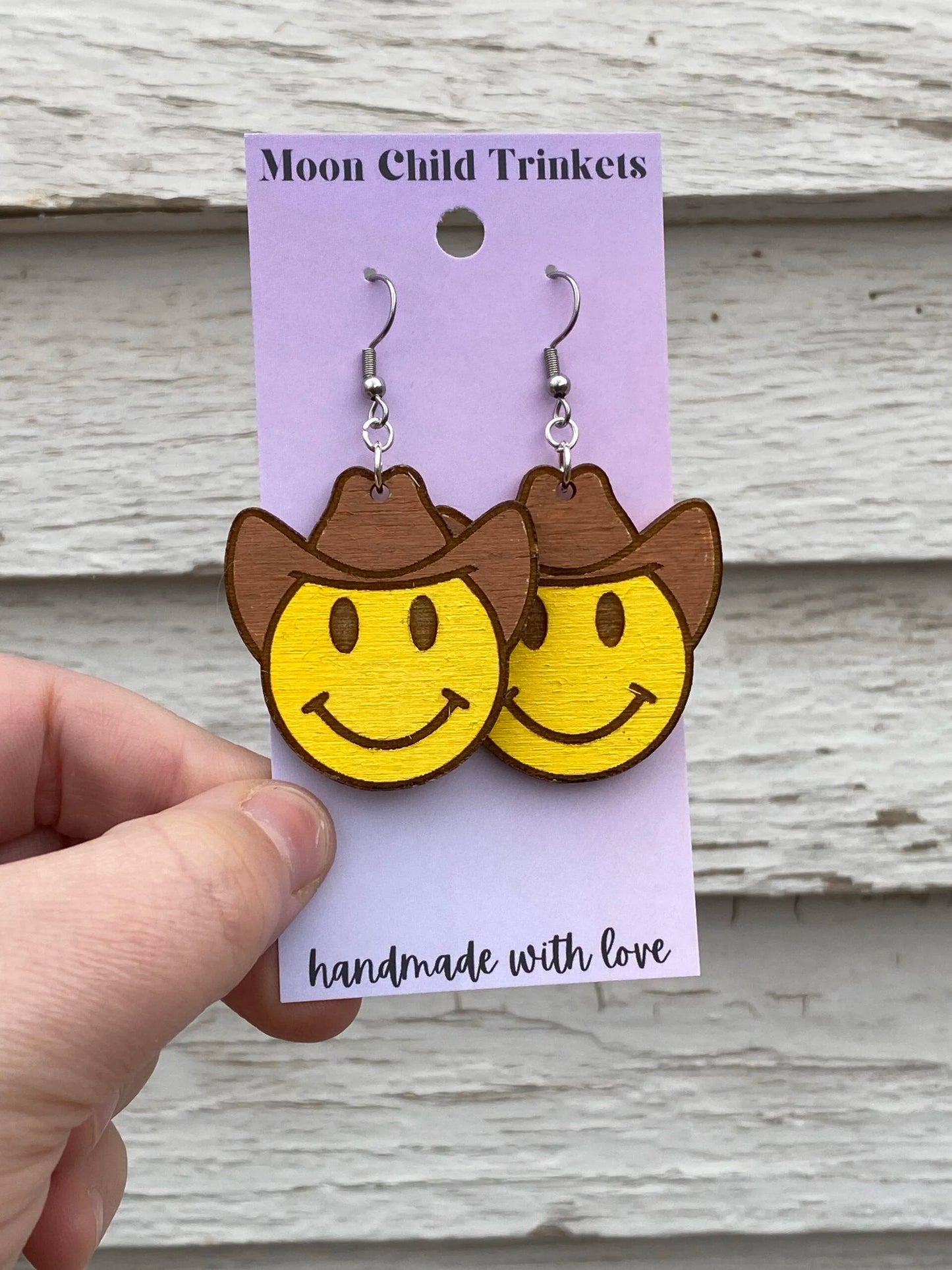 Western Smiley Cowboy Hand Painted Wood Dangle Earrings image 0