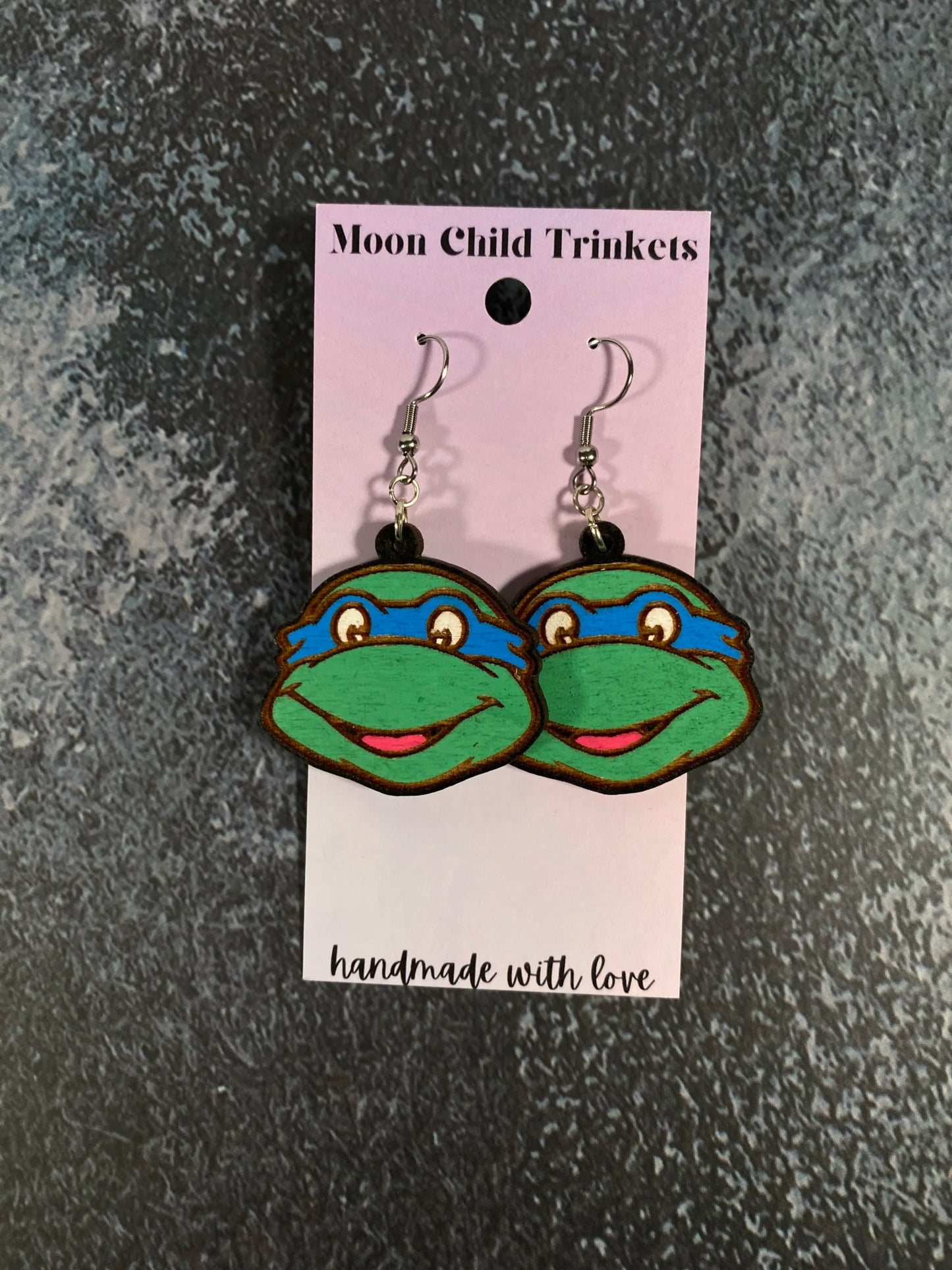 Leonardo Ninja Turtle Hand Painted Wood Dangle Earrings image 0