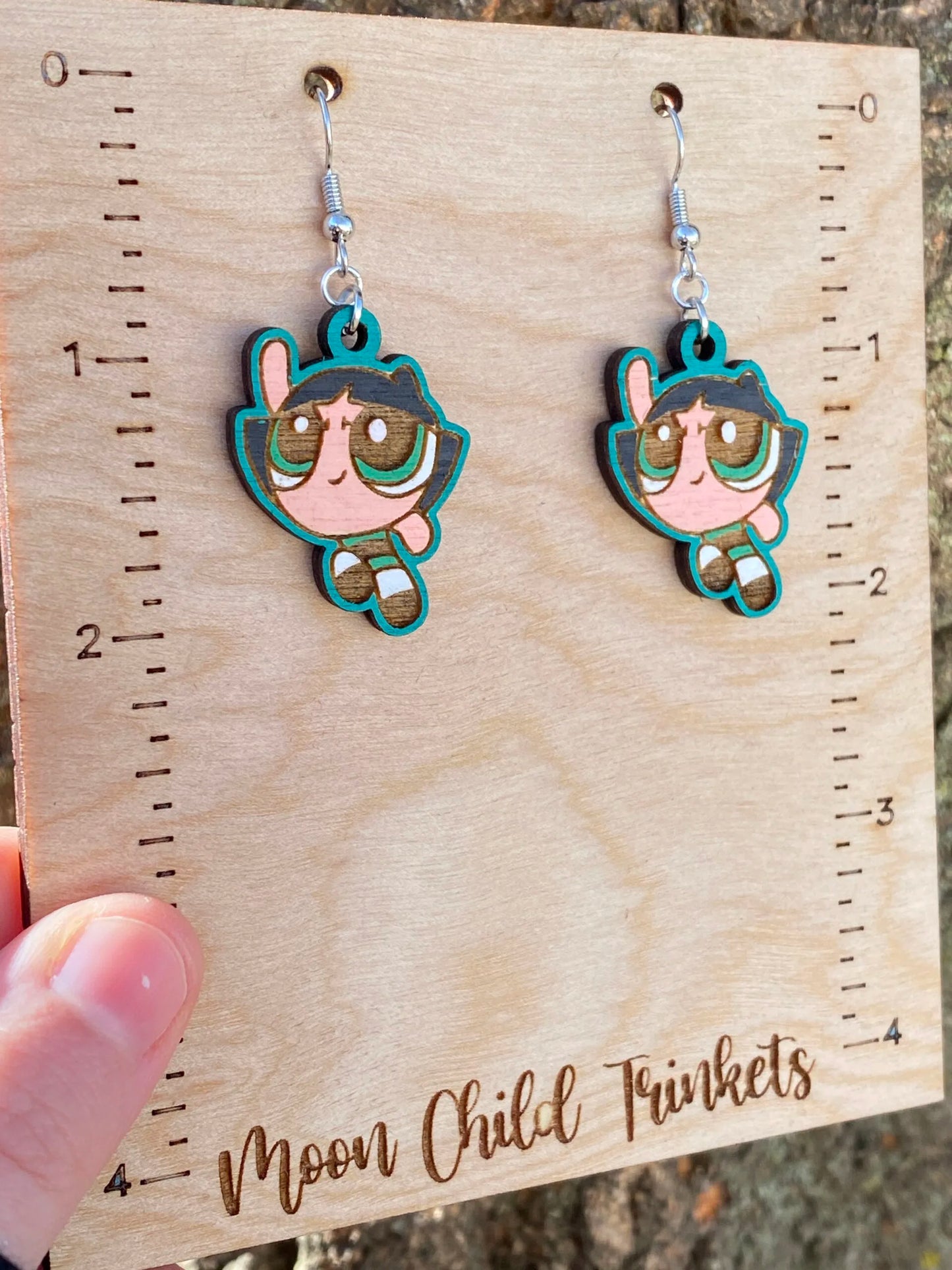 Powerpuff Girls Buttercup Hand Painted Wood Dangle Earrings image 0