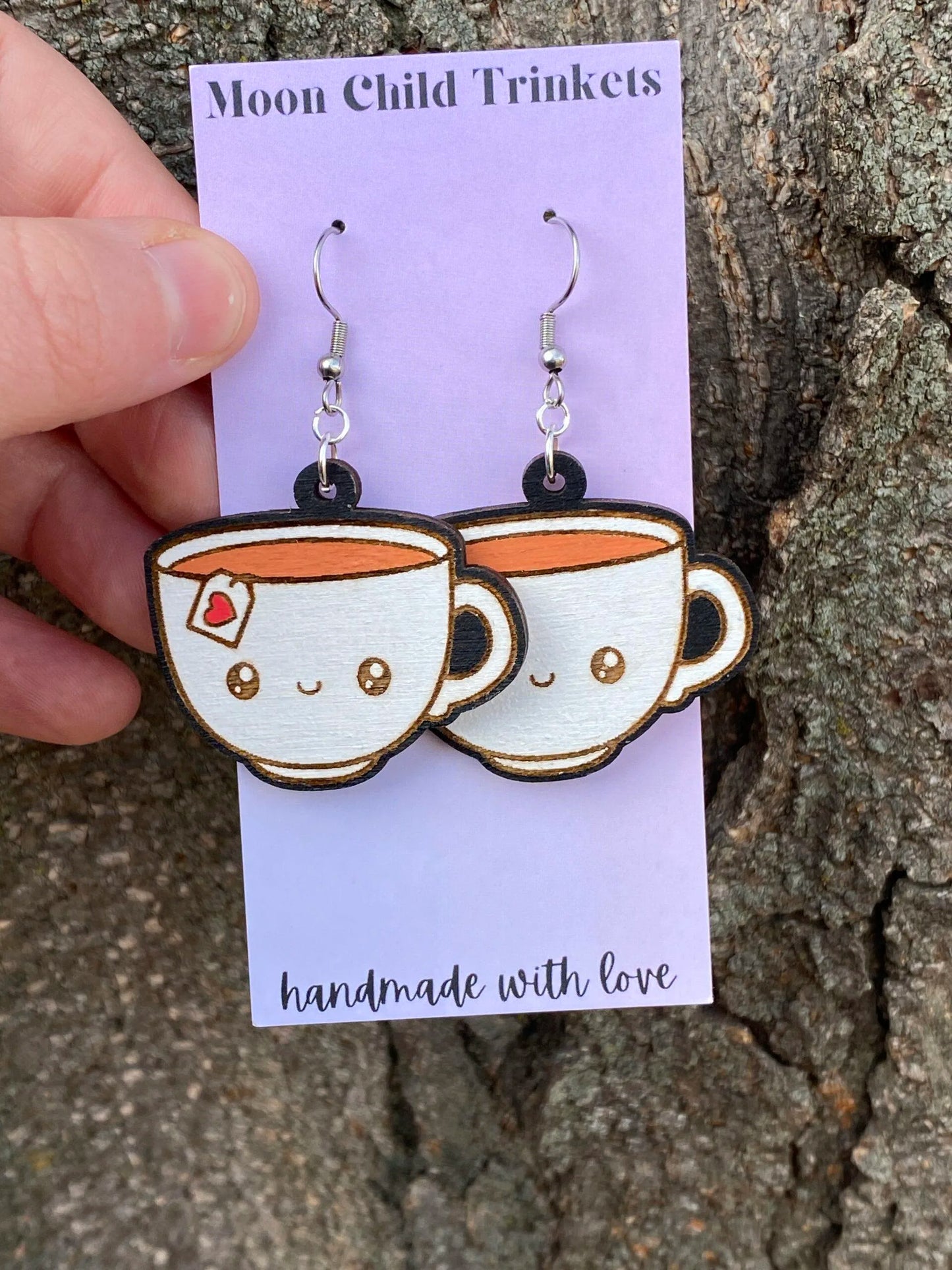 Tea Cup Kawaii Hand Painted Wood Dangle Earrings image 2