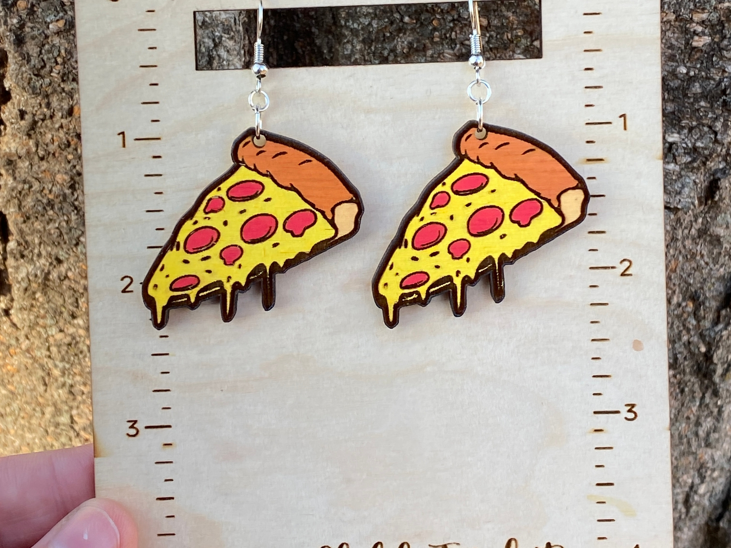 Pepperoni Pizza Hand Painted Wood Dangle Earrings