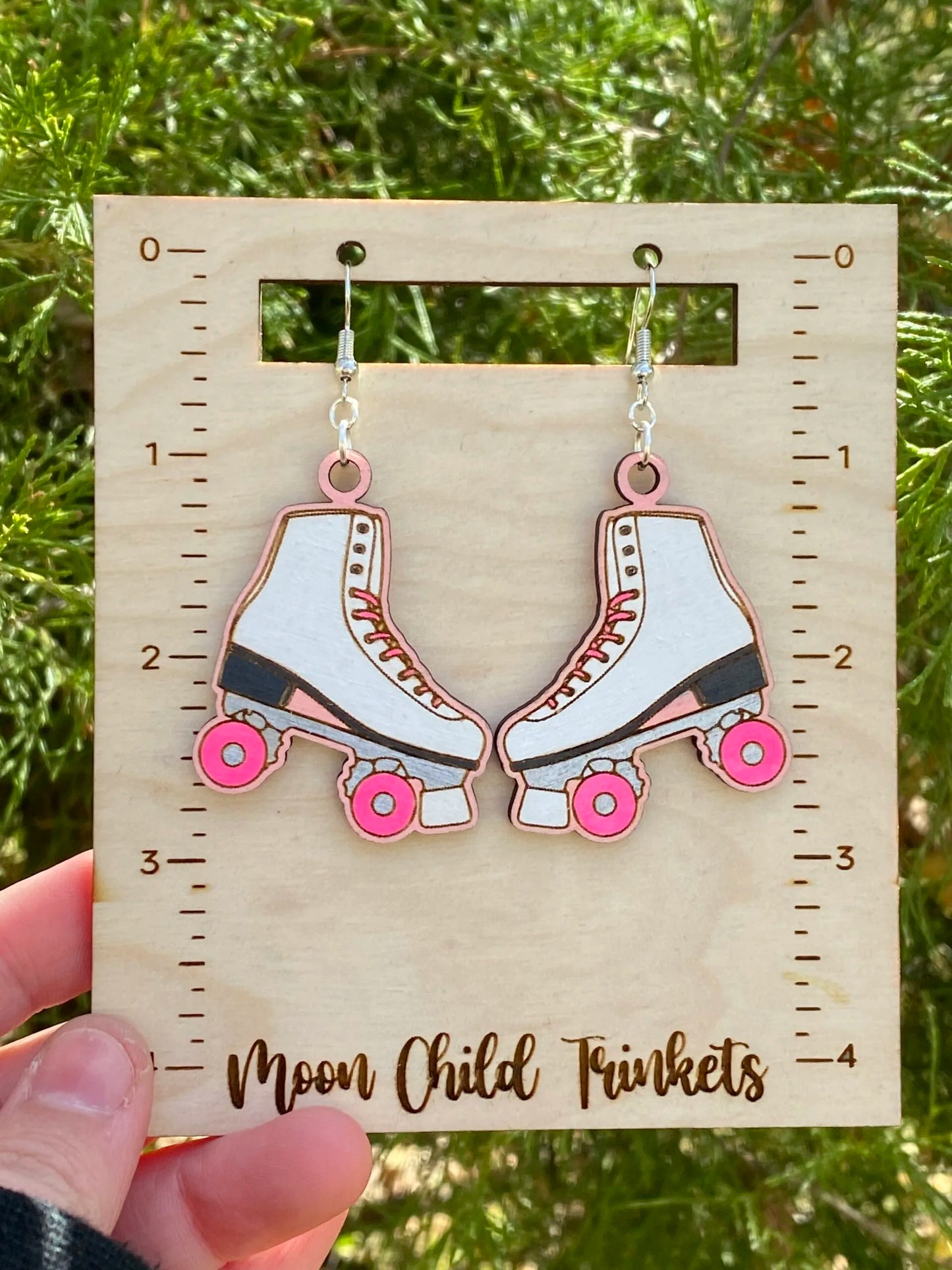 Pink Roller Skates Vintage inspired Hand Painted Wood Dangle Earrings image 2