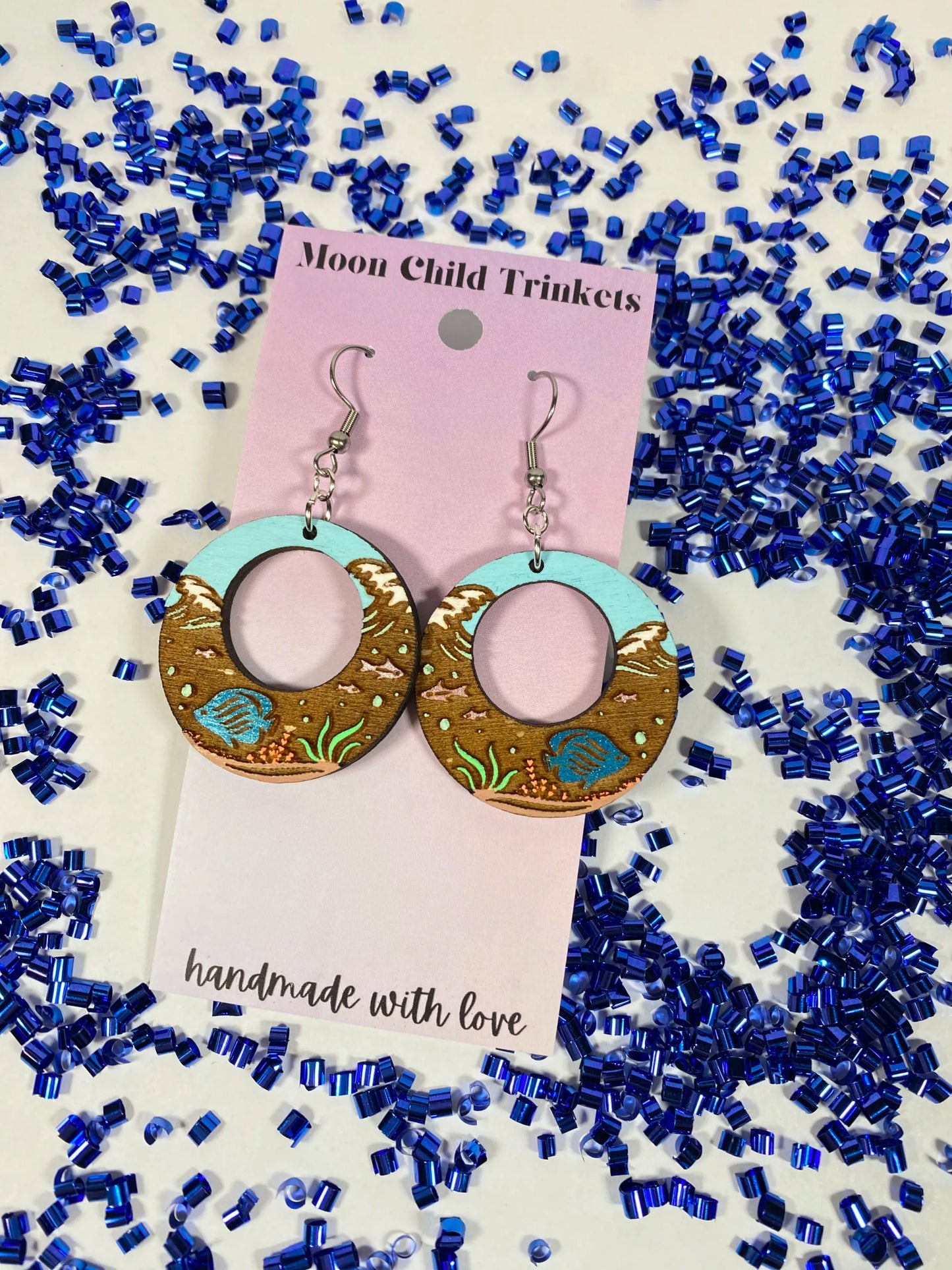Ocean Life Hand Painted Wood Dangle Earrings image 1