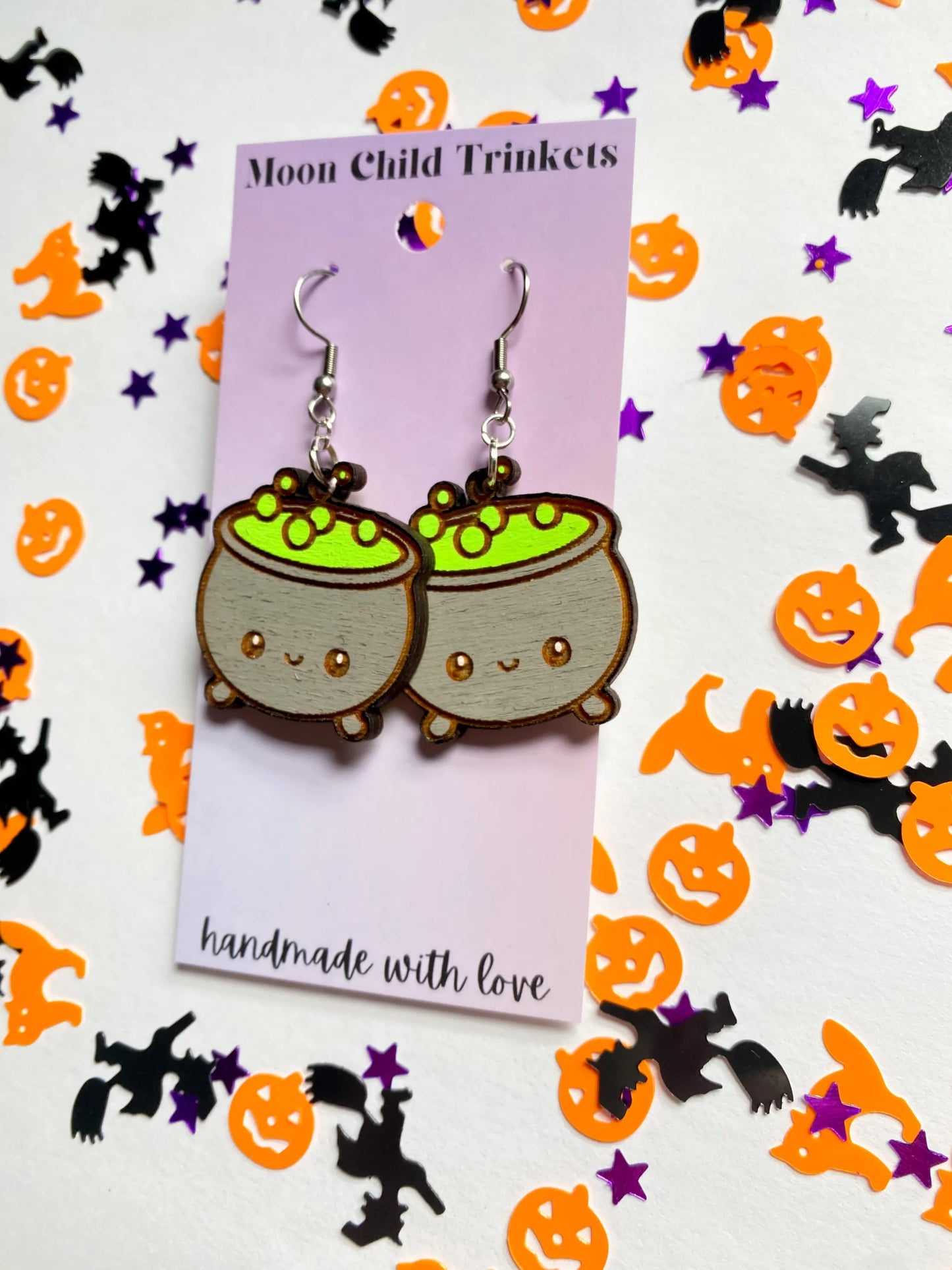 Witches Brew Cauldron Hand Painted Wood Earrings image 1