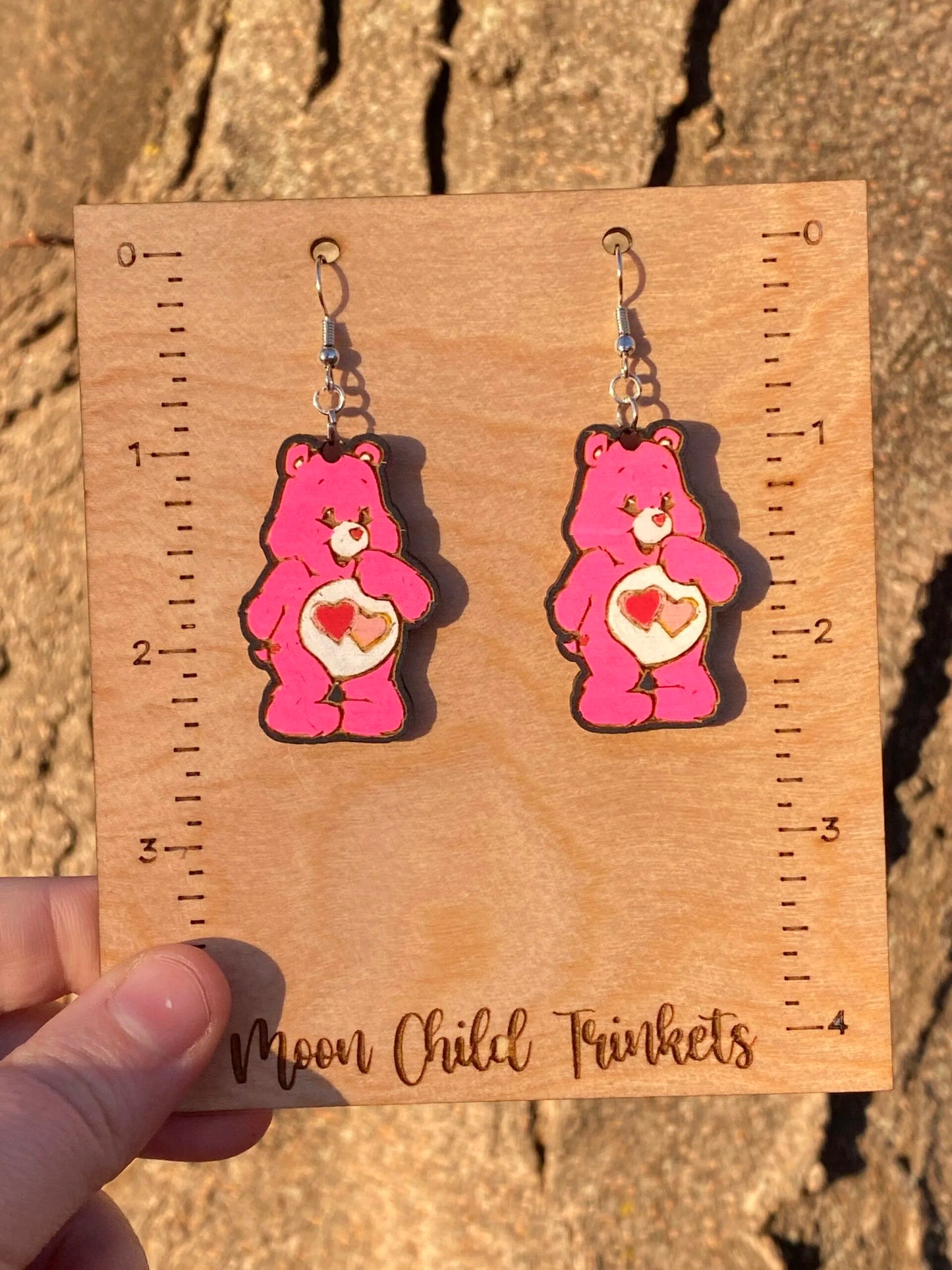 Love A Lot Care Bear Hand Painted Wood Dangle Earrings image 0