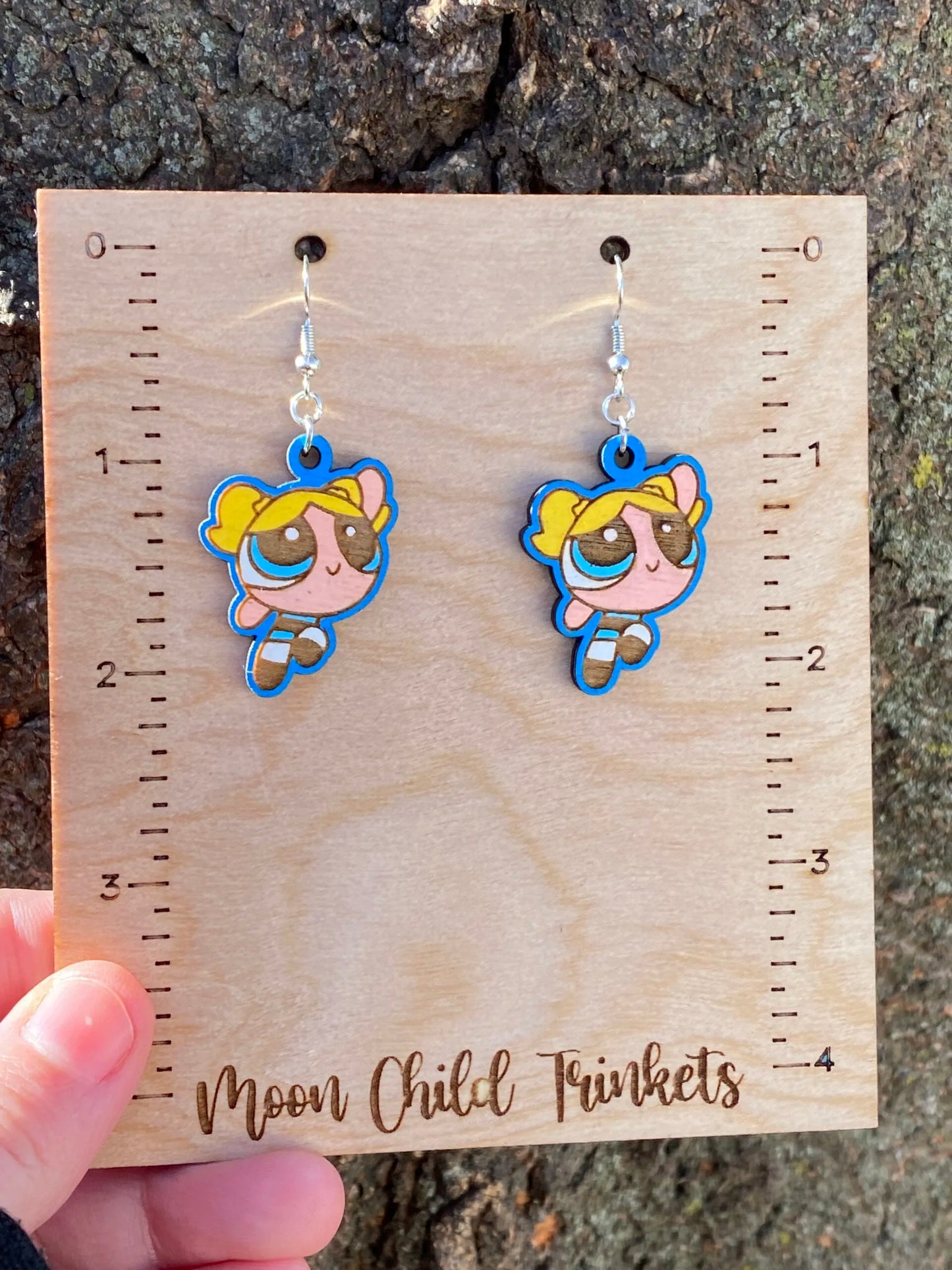 Powerpuff Girls Bubbles Hand Painted Wood Dangle Earrings image 1