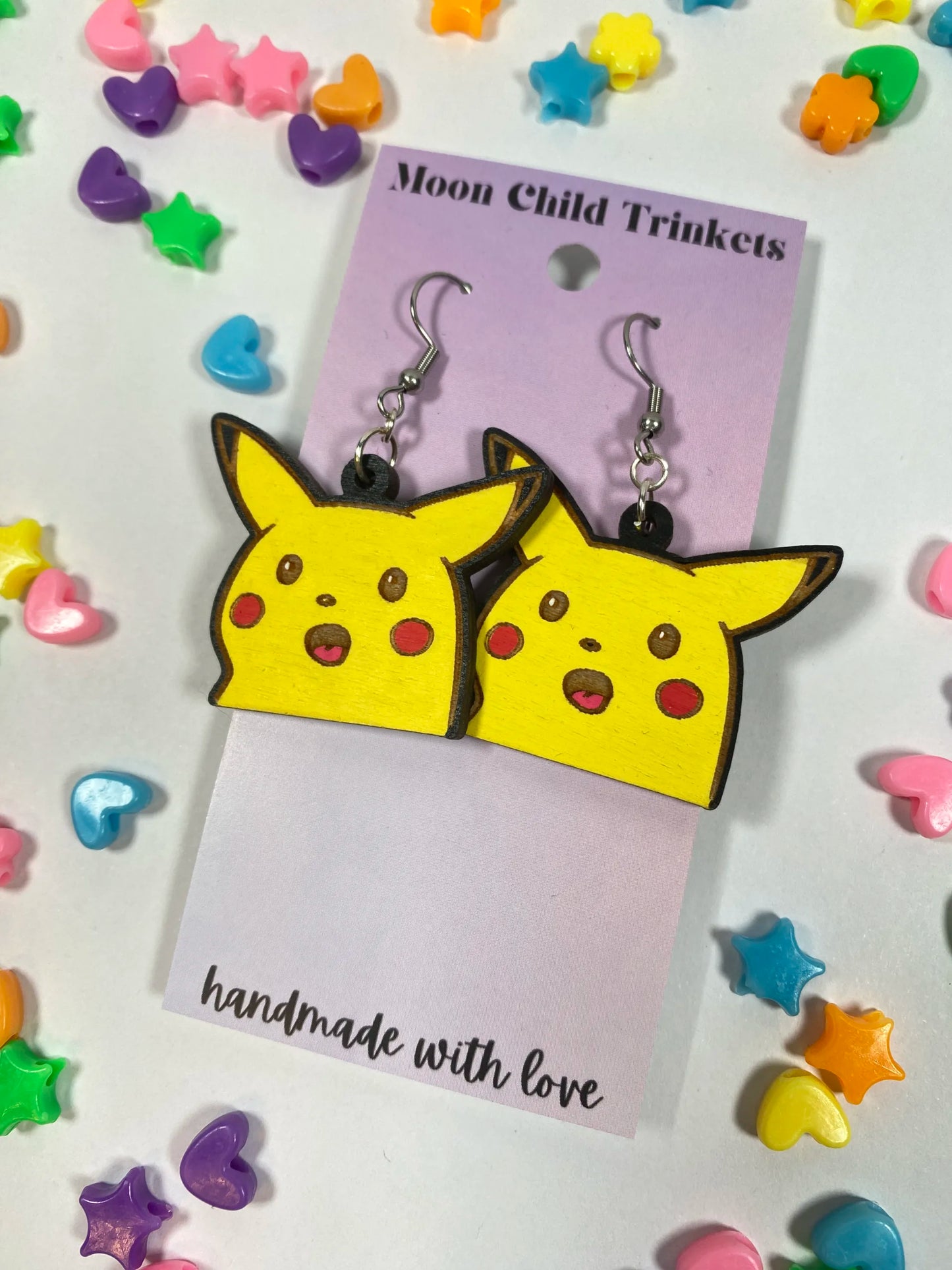 Surprised Pikachu Meme Hand Painted Wood Dangle Earrings image 1