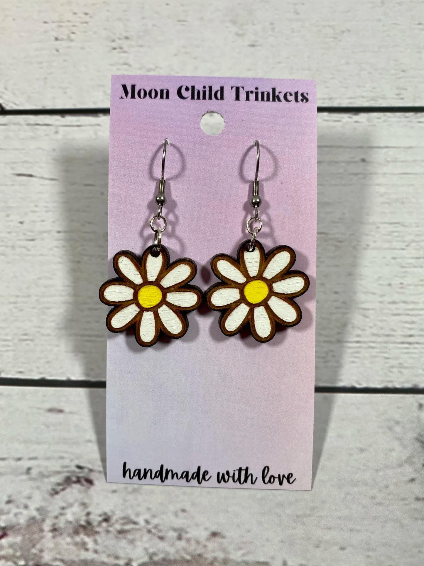 Daisy Hand Painted Wood Dangle Earrings image 0