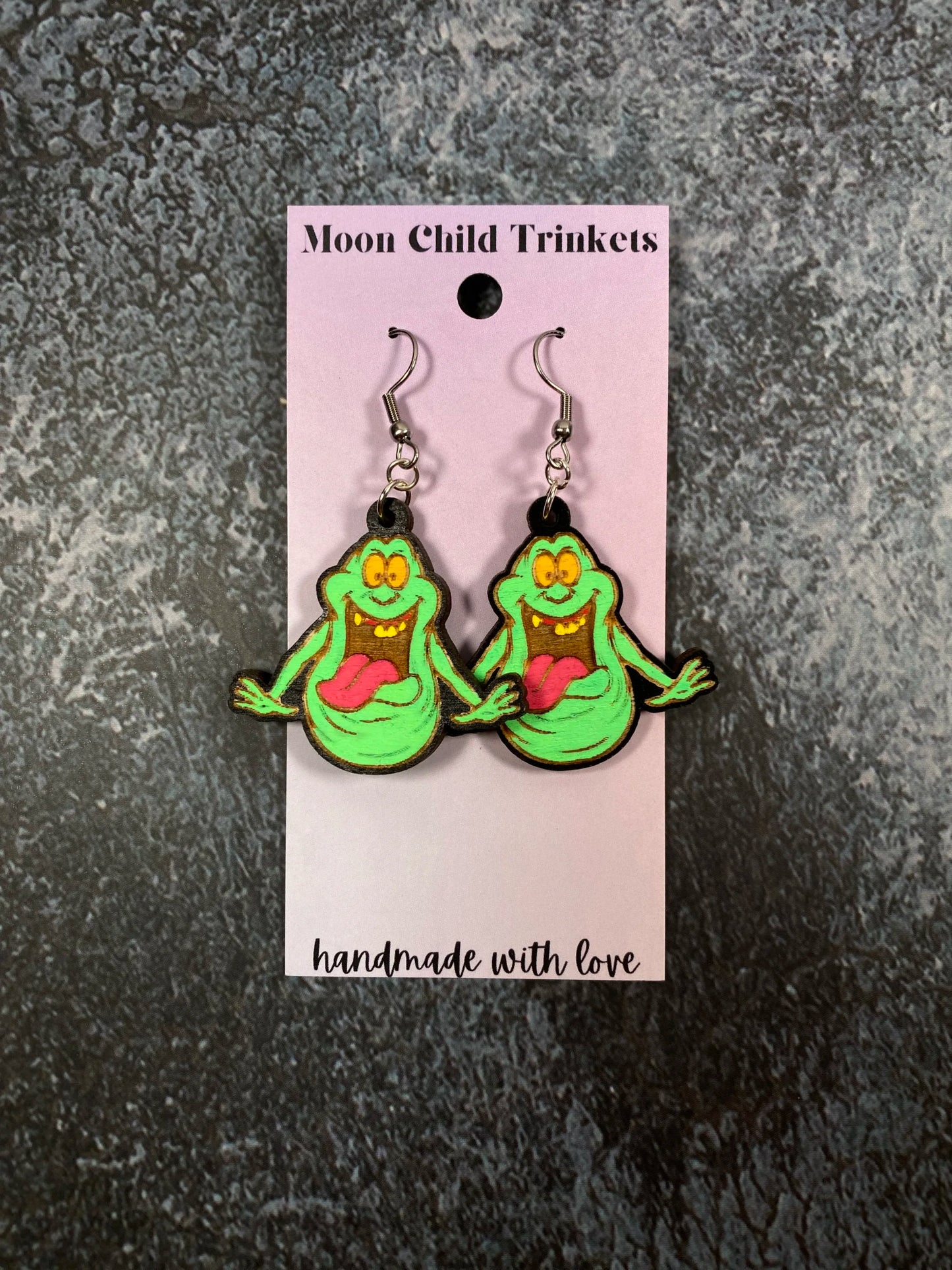 Slimer Ghostbusters Hand Painted Wood Dangle Earrings image 0