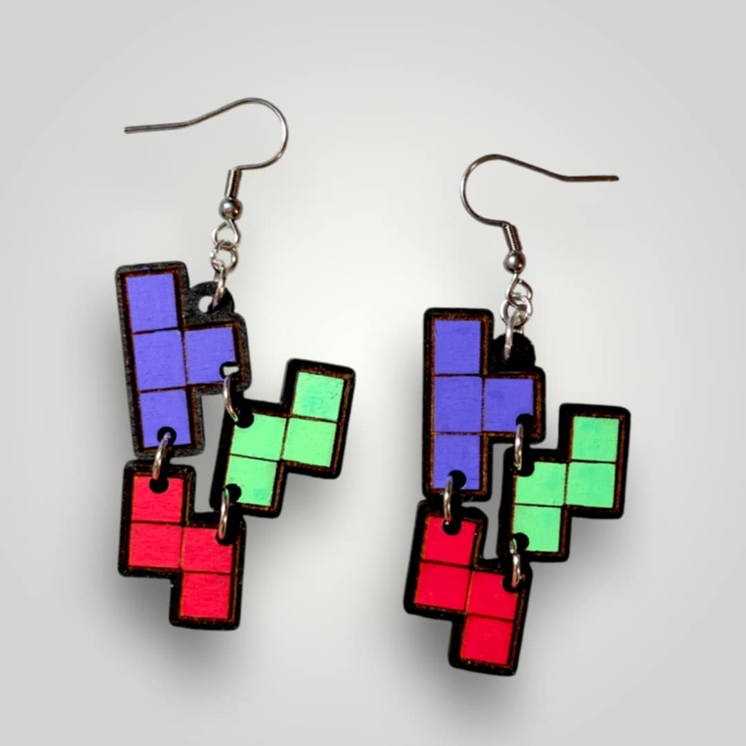 Retro Arcade Tetris Hand Painted Wood Earrings