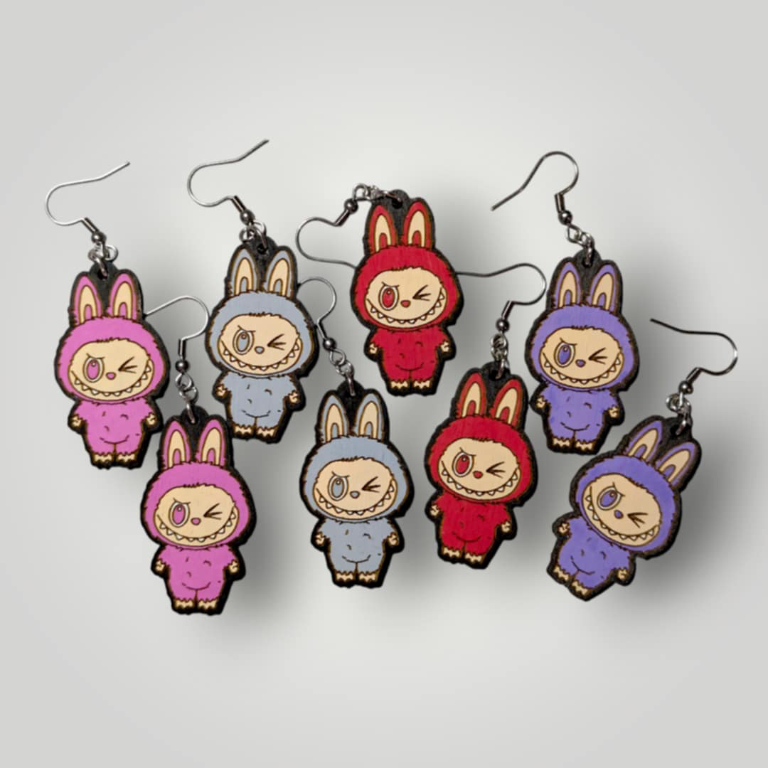 Labubu Monster Wink Hand Painted Wood Earrings