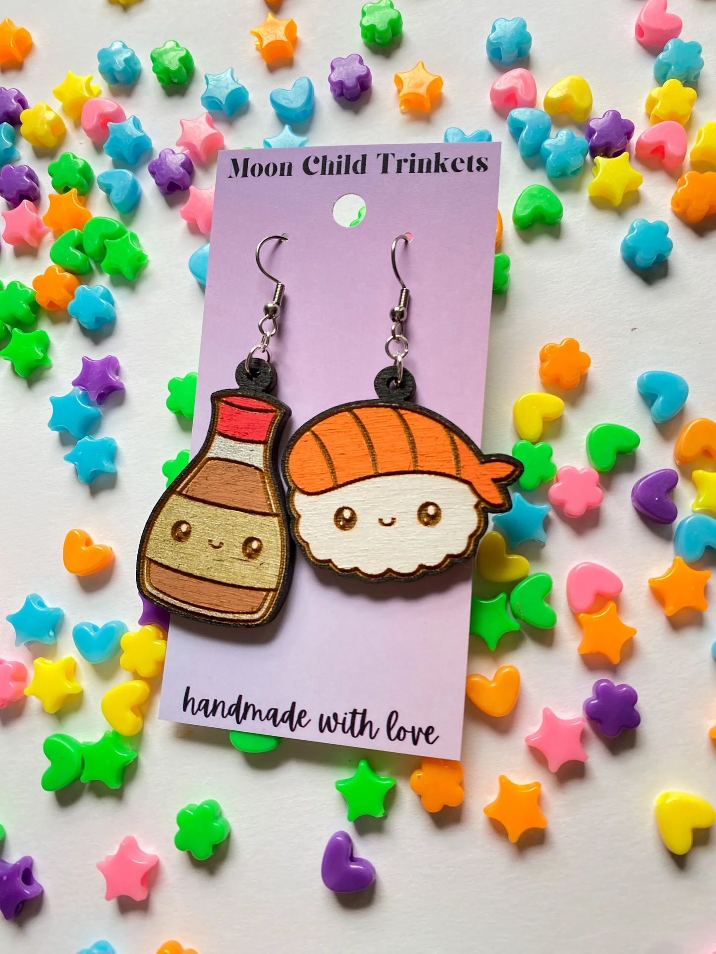 Sushi & Soy Sauce Kawaii Hand Painted Wood Dangle Earrings image 0
