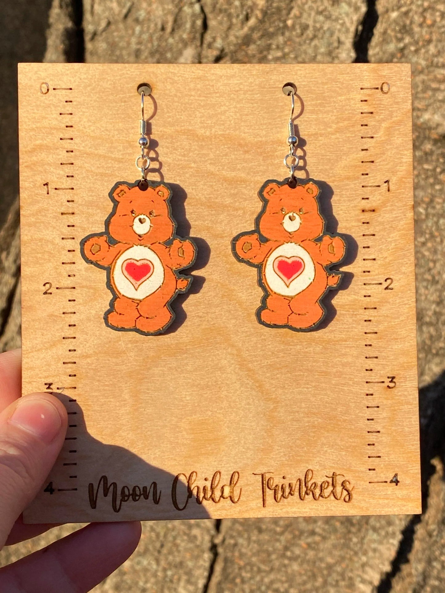 Tenderheart Care Bear Hand Painted Wood Dangle Earrings image 1