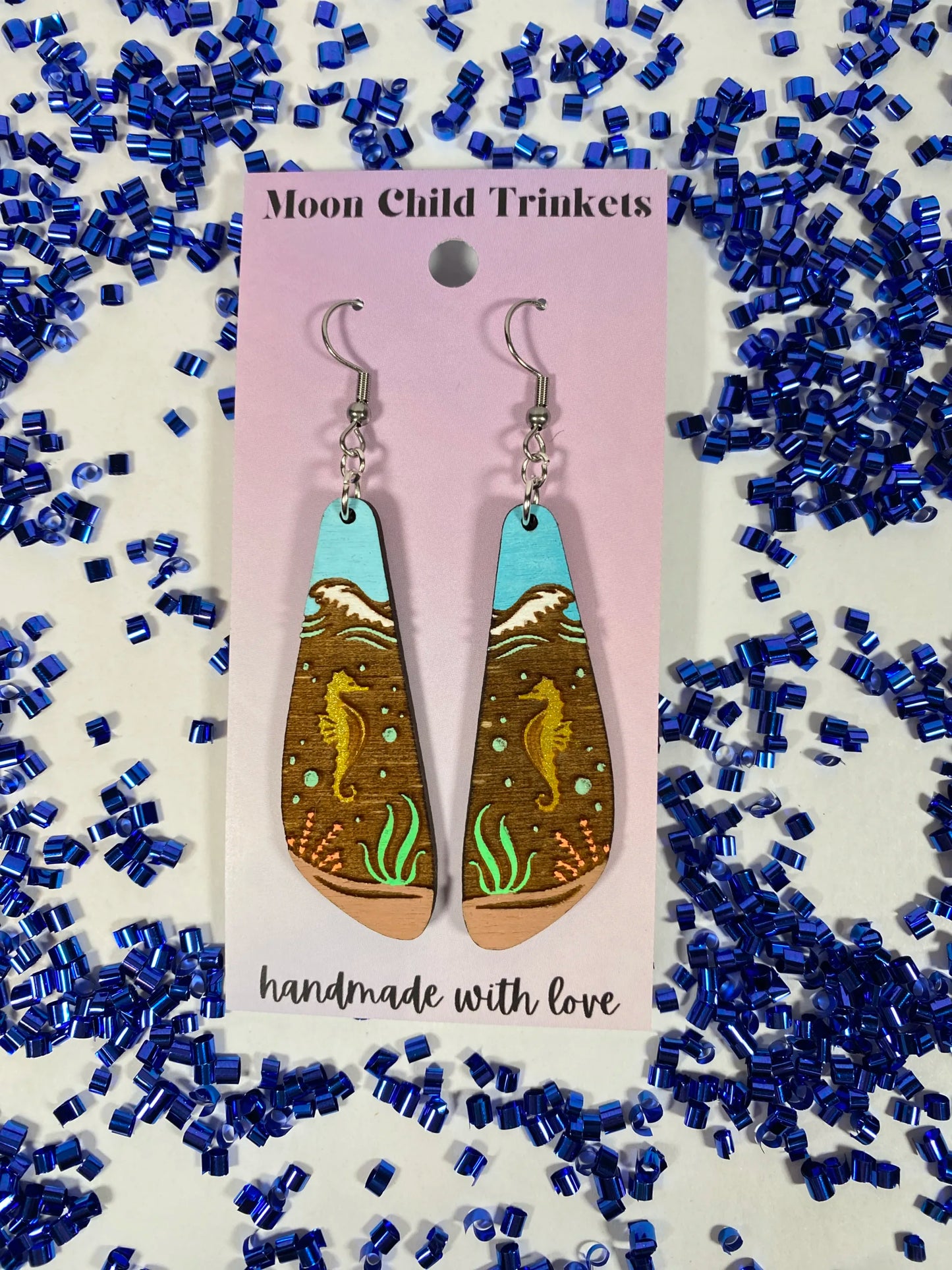 Sea Horse Ocean Life Hand Painted Wood Dangle Earrings image 0