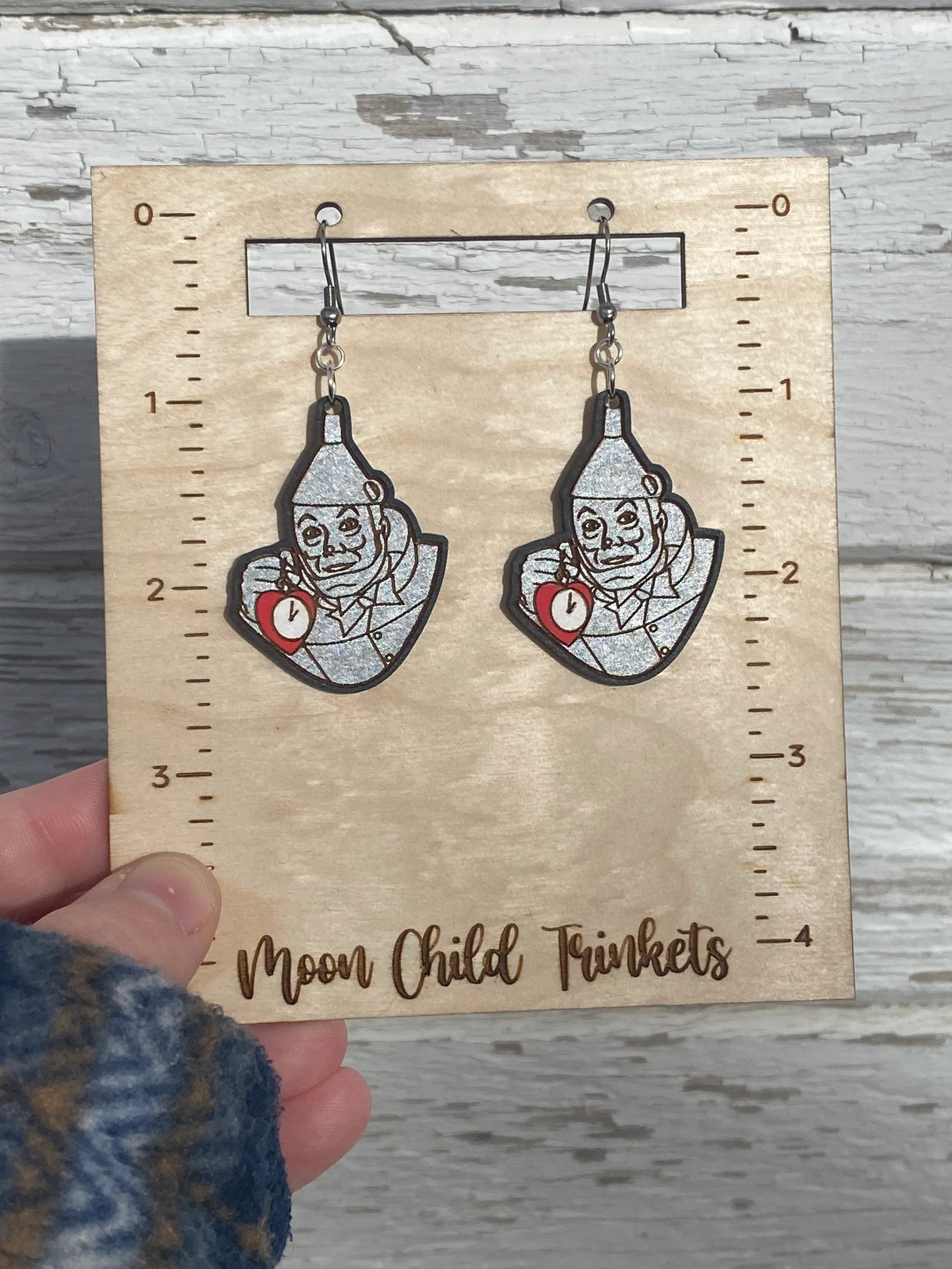 Wizard of Oz Inspired Tin Man Hand Painted Wood Dangle Earrings image 4