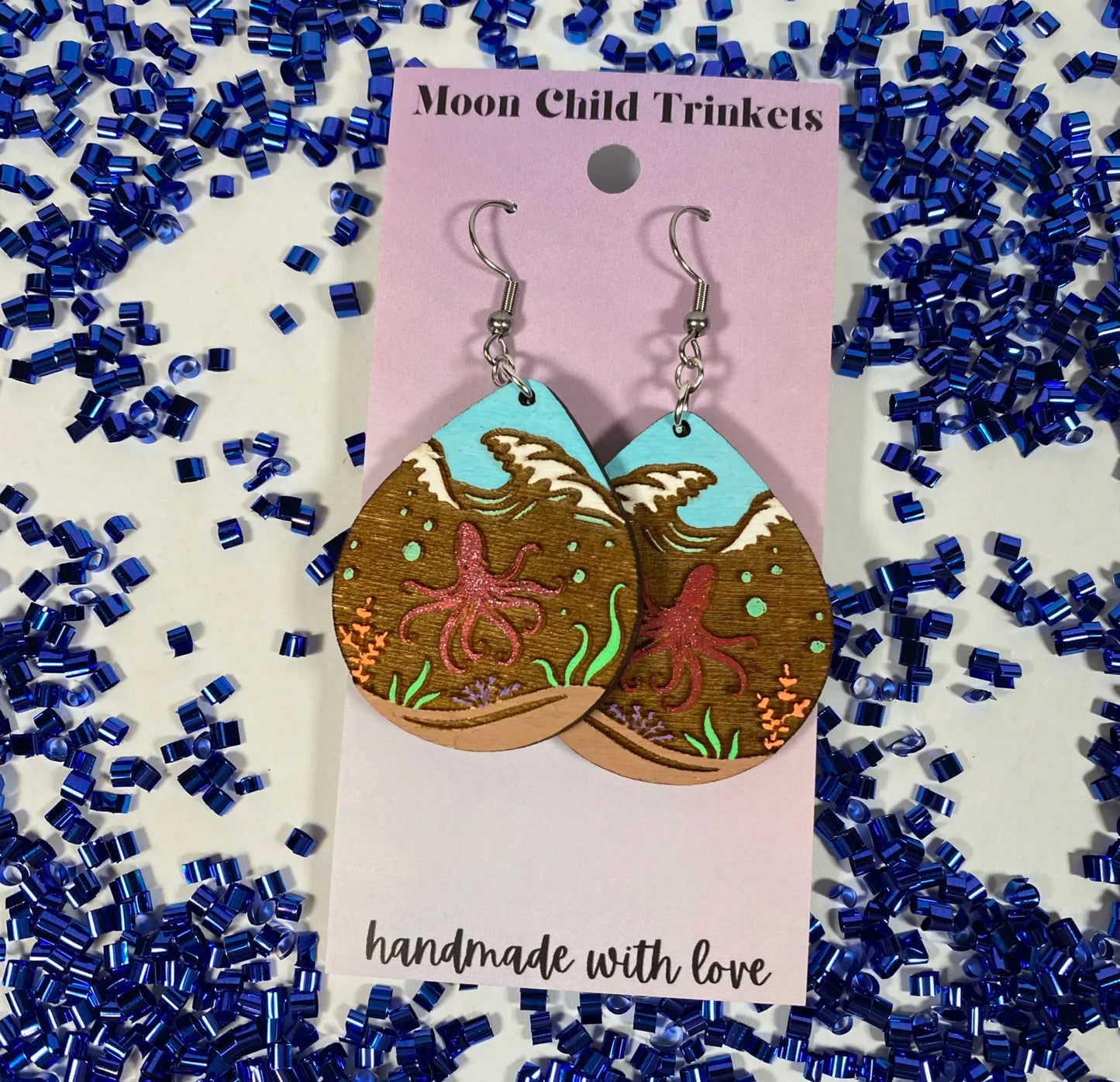 Octopus Ocean Life Hand Painted Wood Dangle Earrings image 0