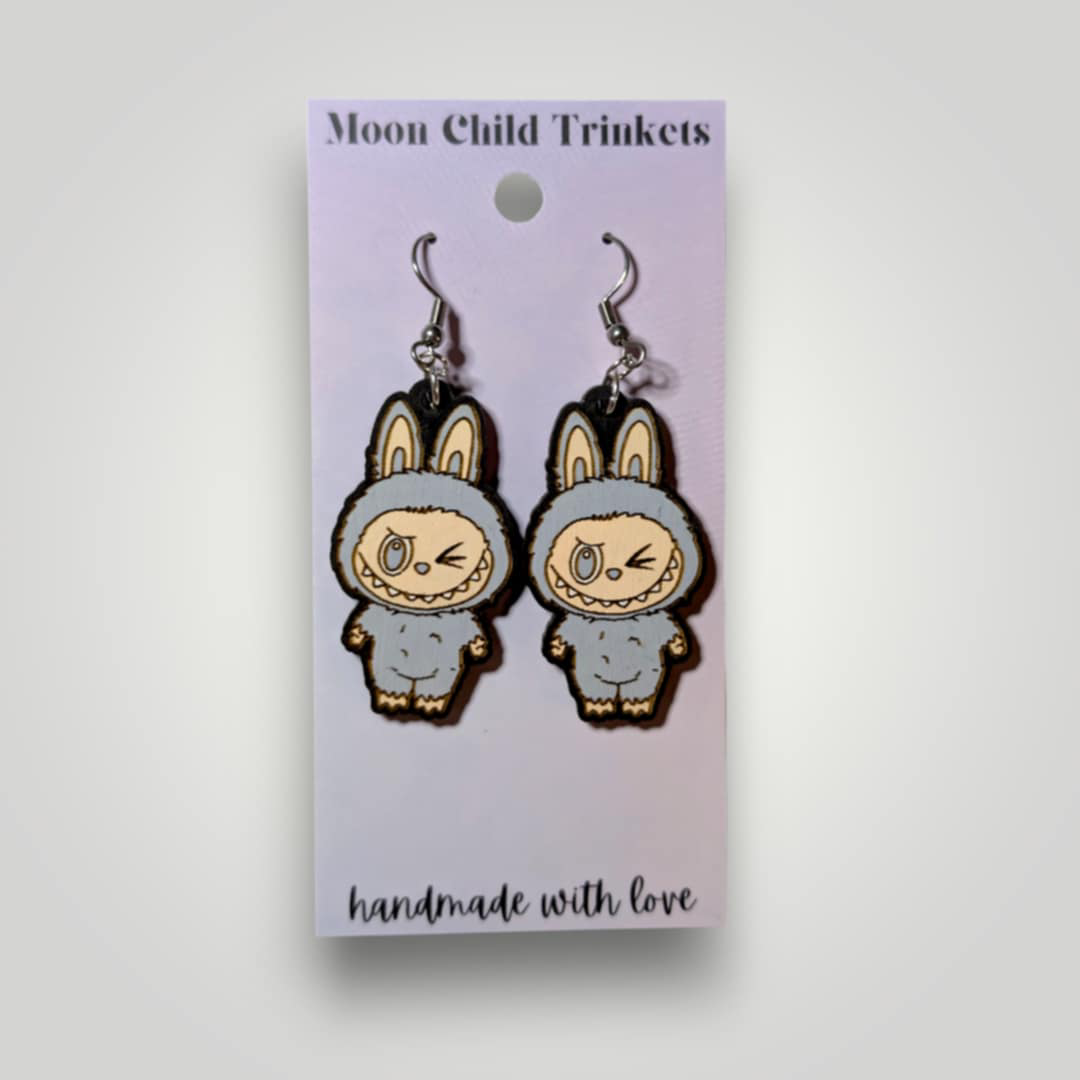 Labubu Monster Wink Hand Painted Wood Earrings