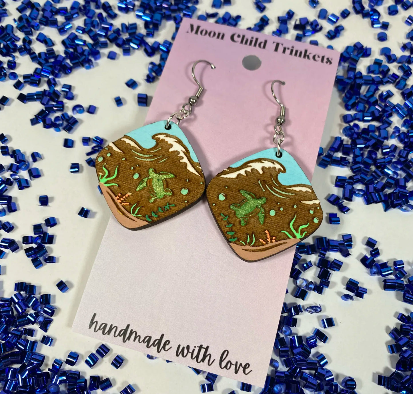 Sea Turtle Ocean Life Hand Painted Wood Dangle Earrings image 0
