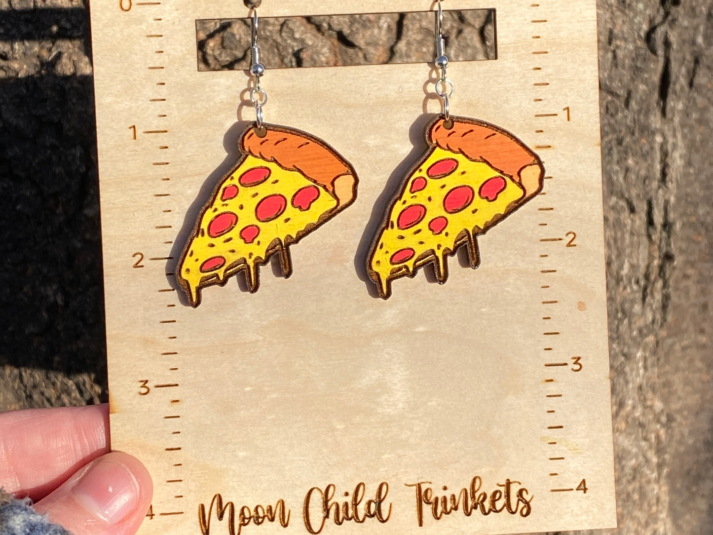 Pepperoni Pizza Hand Painted Wood Dangle Earrings