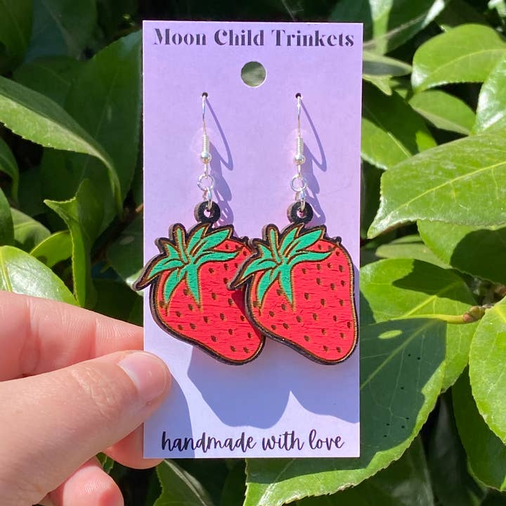 Strawberry Hand Painted Wood Dangle Earrings