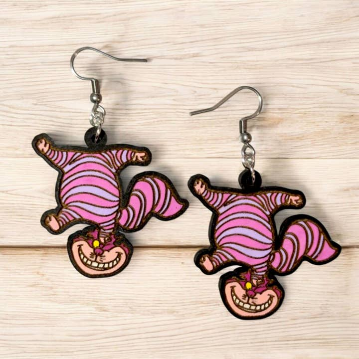 Cheshire Cat Hand Painted Wood Dangle Earrings