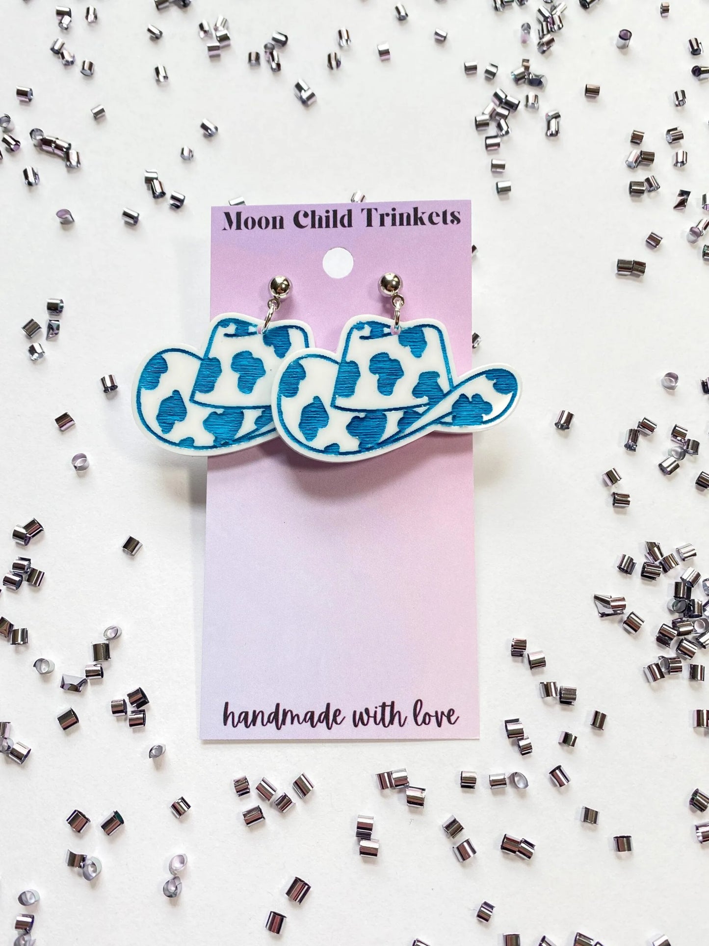 Teal Cow Print Cowboy Hat Earrings image 0