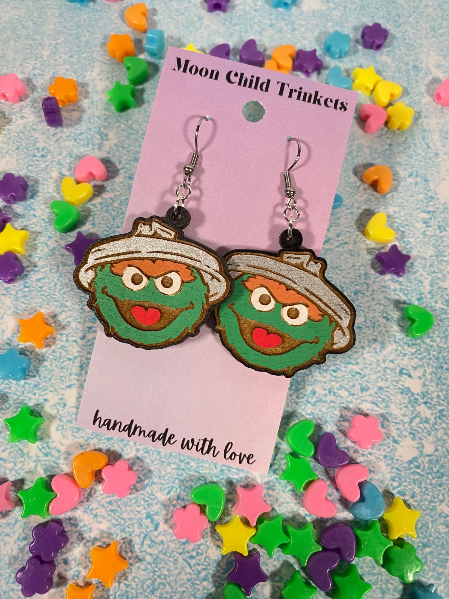 Oscar the Grouch Hand Painted Wood Dangle Earrings - Sesame Street Collection image 0