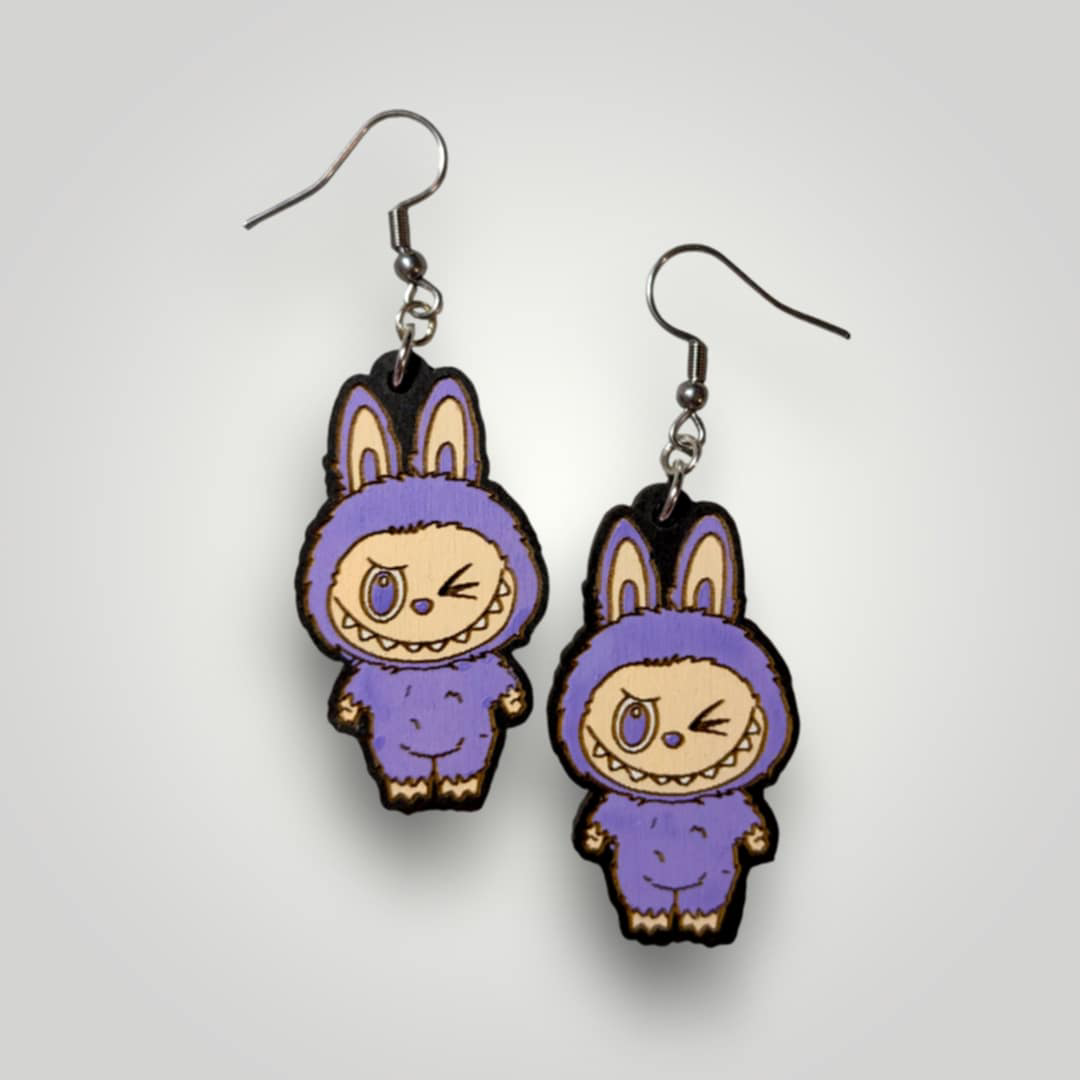 Labubu Monster Wink Hand Painted Wood Earrings