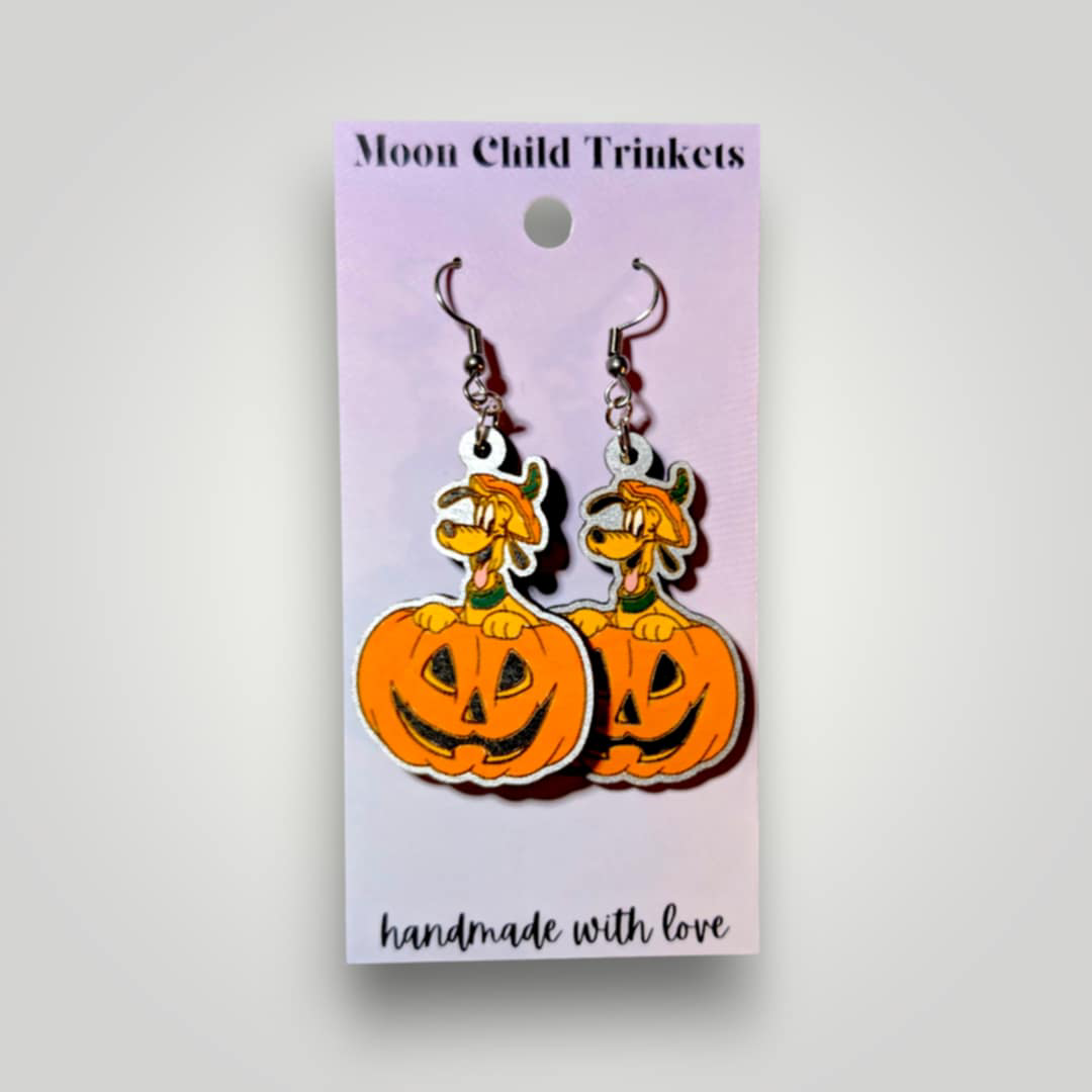 Pluto Pumpkin Halloween Hand Painted Wood Dangle Earrings