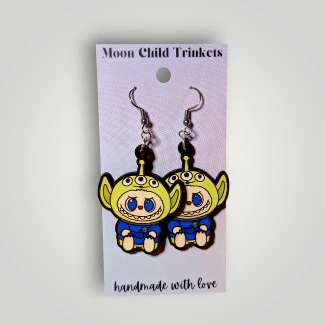 Alien Labubu Hand Painted Wood Earrings