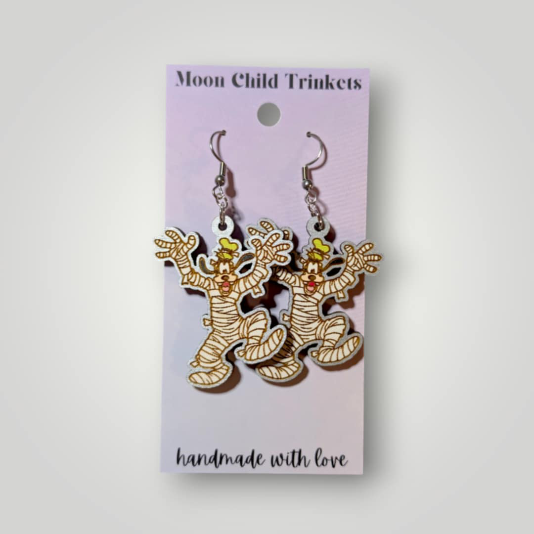 Goofy Mummy Costume Halloween Hand Painted Wood Dangle Earrings