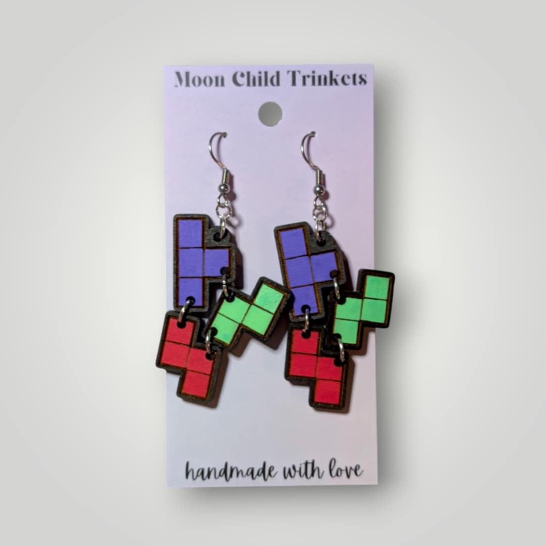 Retro Arcade Tetris Hand Painted Wood Earrings