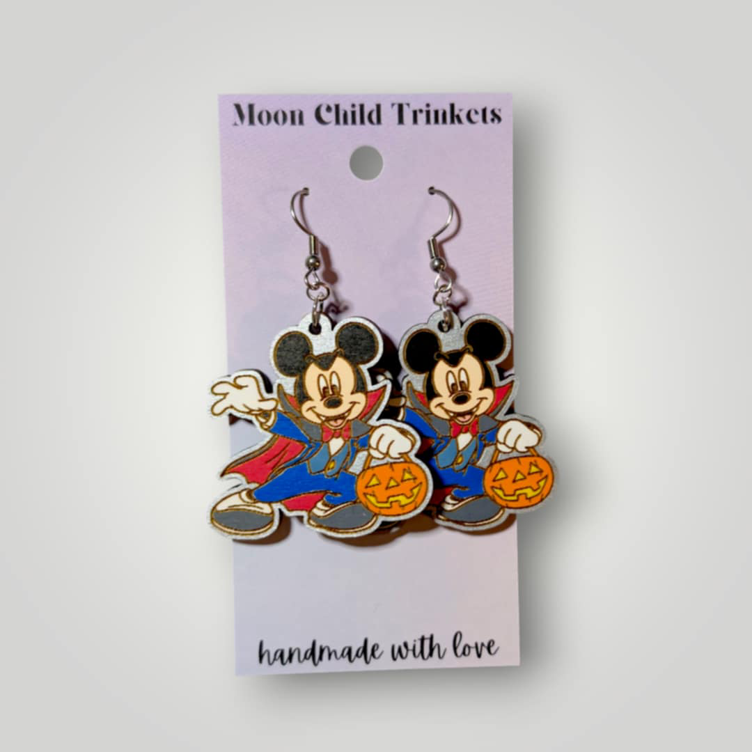 Mickey Mouse Vampire Costume Halloween Hand Painted Wood Dangle Earrings