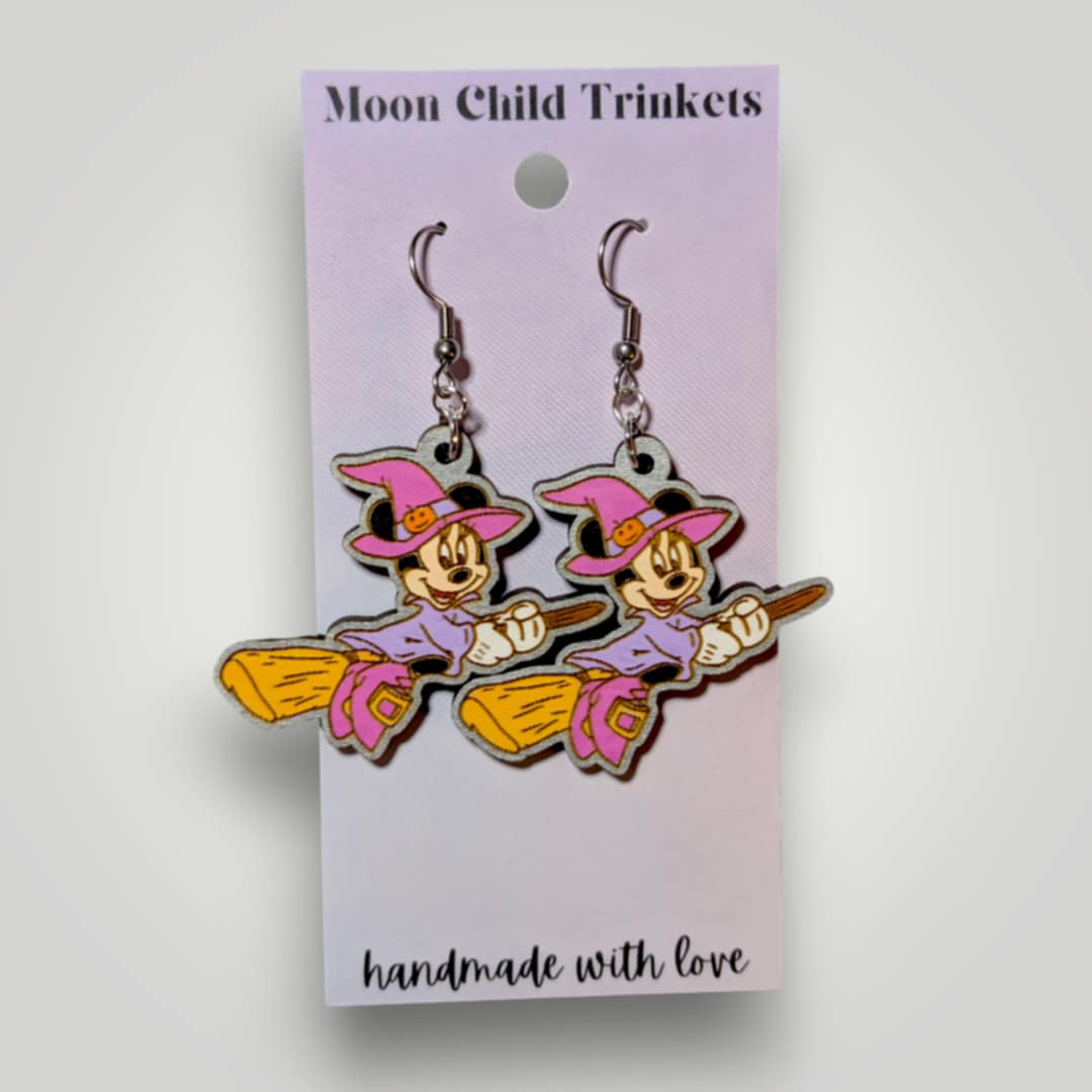 Minnie Mouse Witch Costume Halloween Hand Painted Wood Dangle Earrings