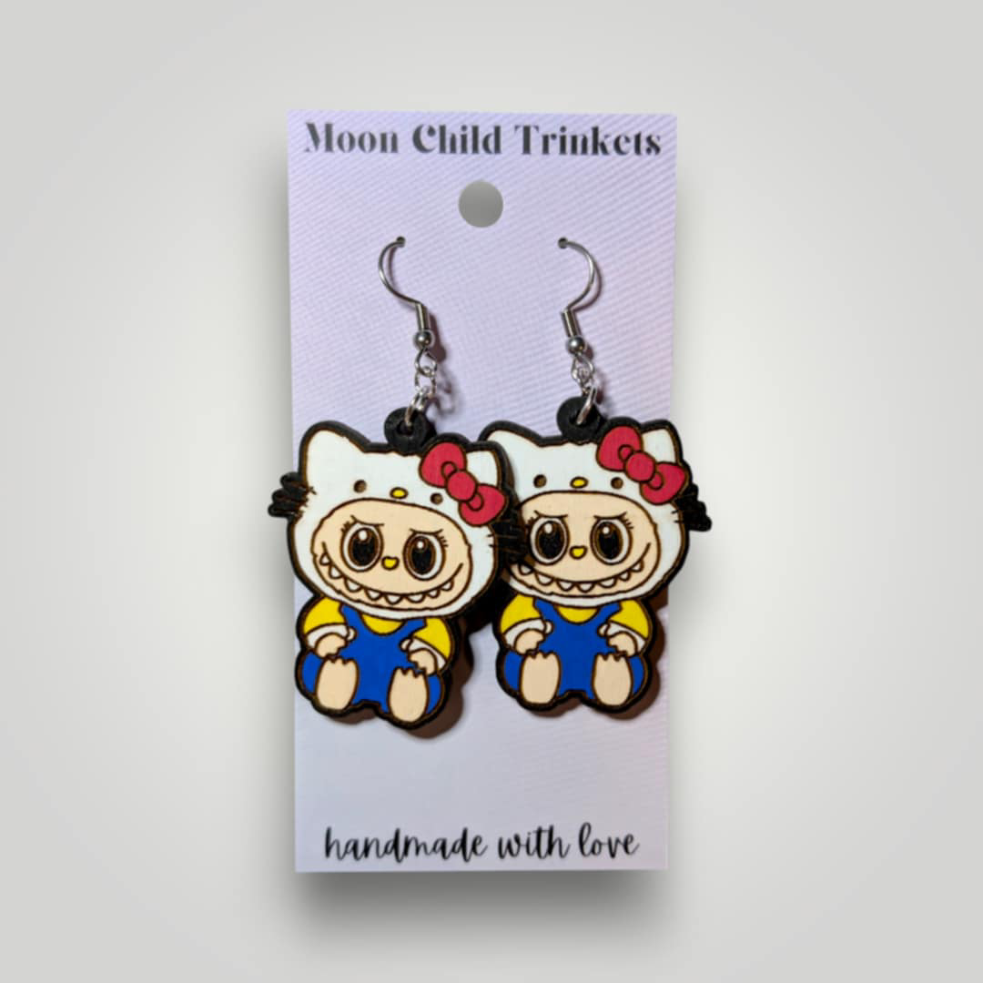 Hello Kitty Labubu Hand Painted Wood Earrings