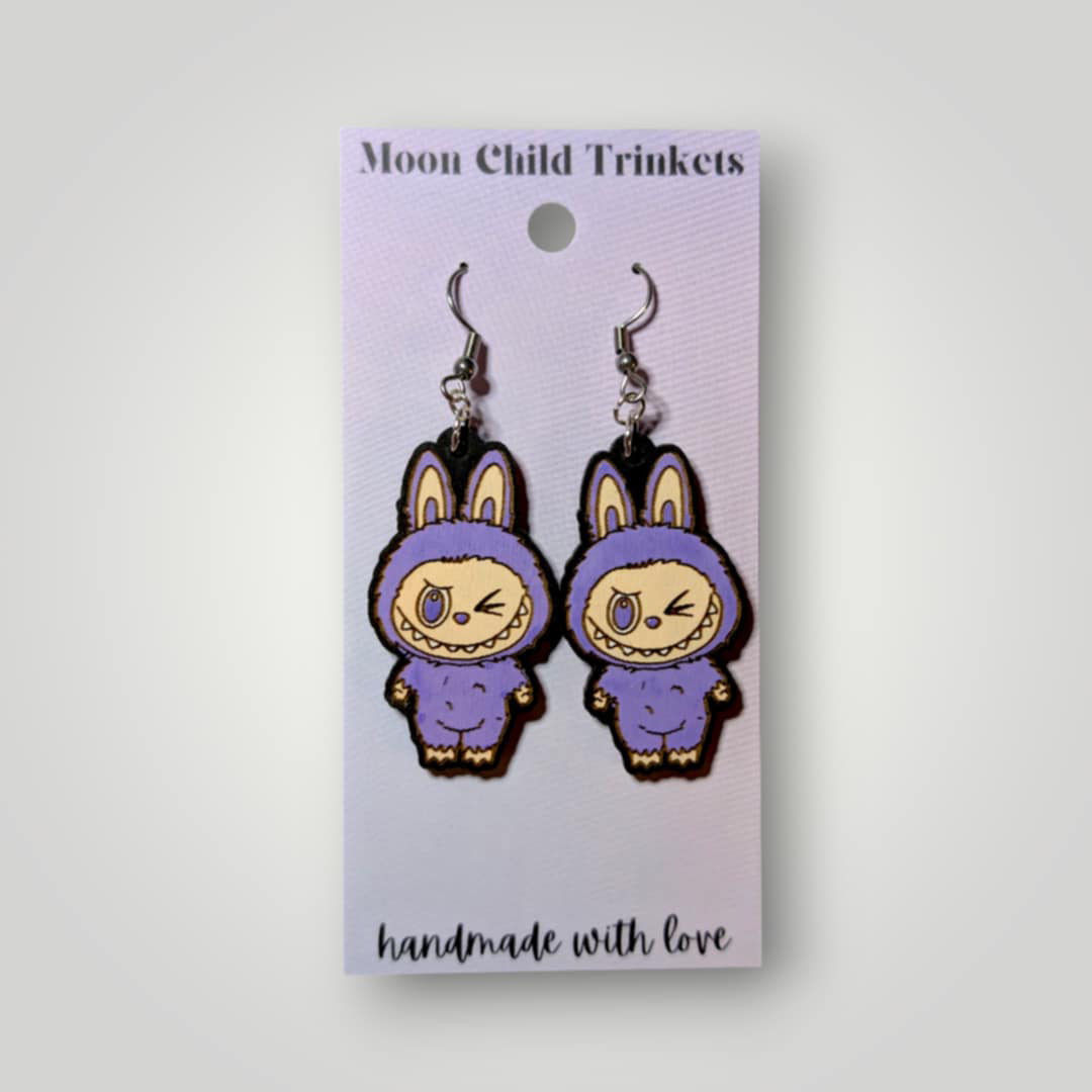 Labubu Monster Wink Hand Painted Wood Earrings