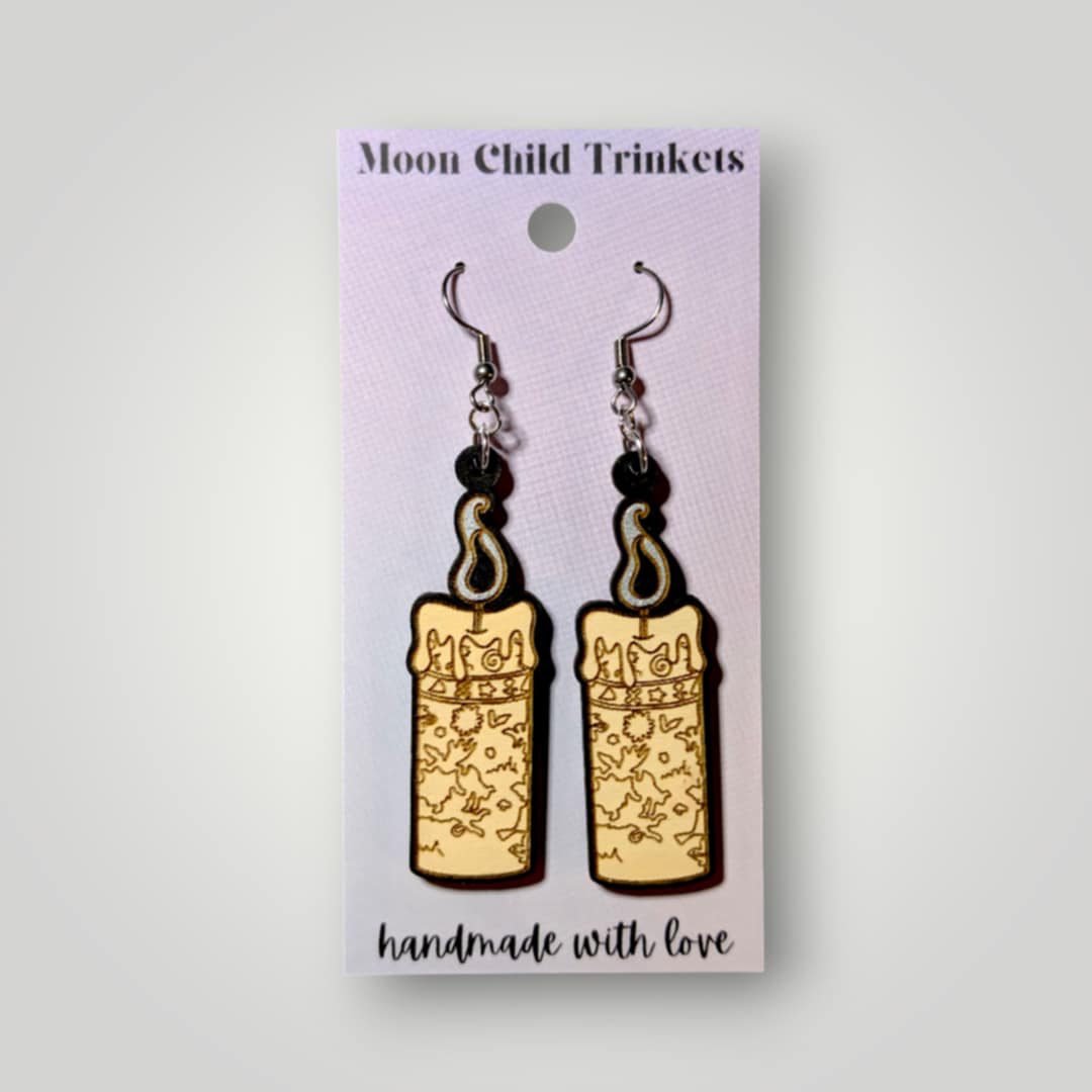 Hocus Pocus Black Flame Candle Hand Painted Wood Dangle Earrings
