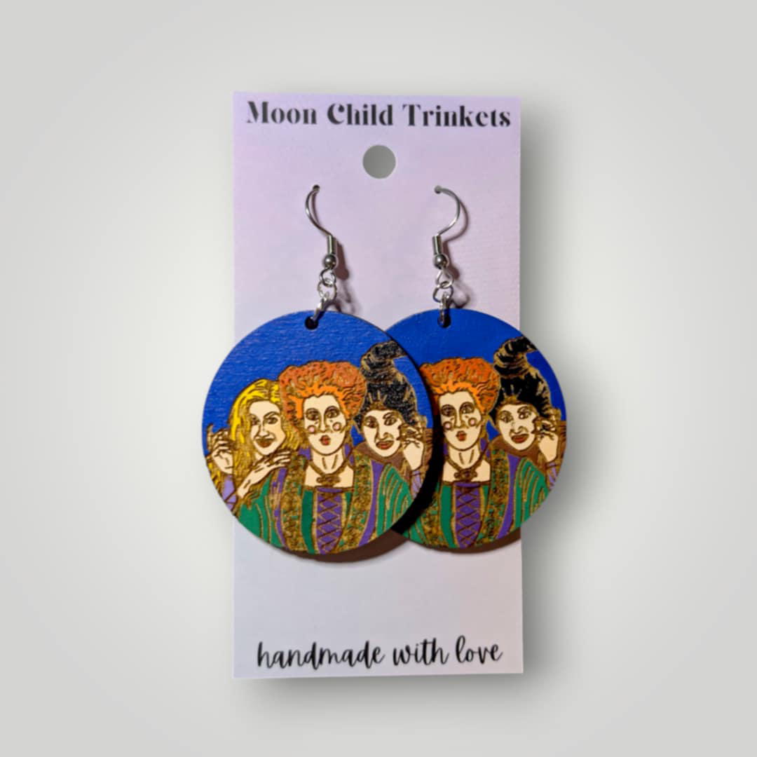 Hocus Pocus Sanderson Sisters Hand Painted Wood Dangle Earrings