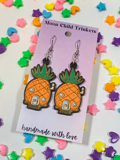 Pineapple House SpongeBob Hand Painted Wood Dangle Earrings