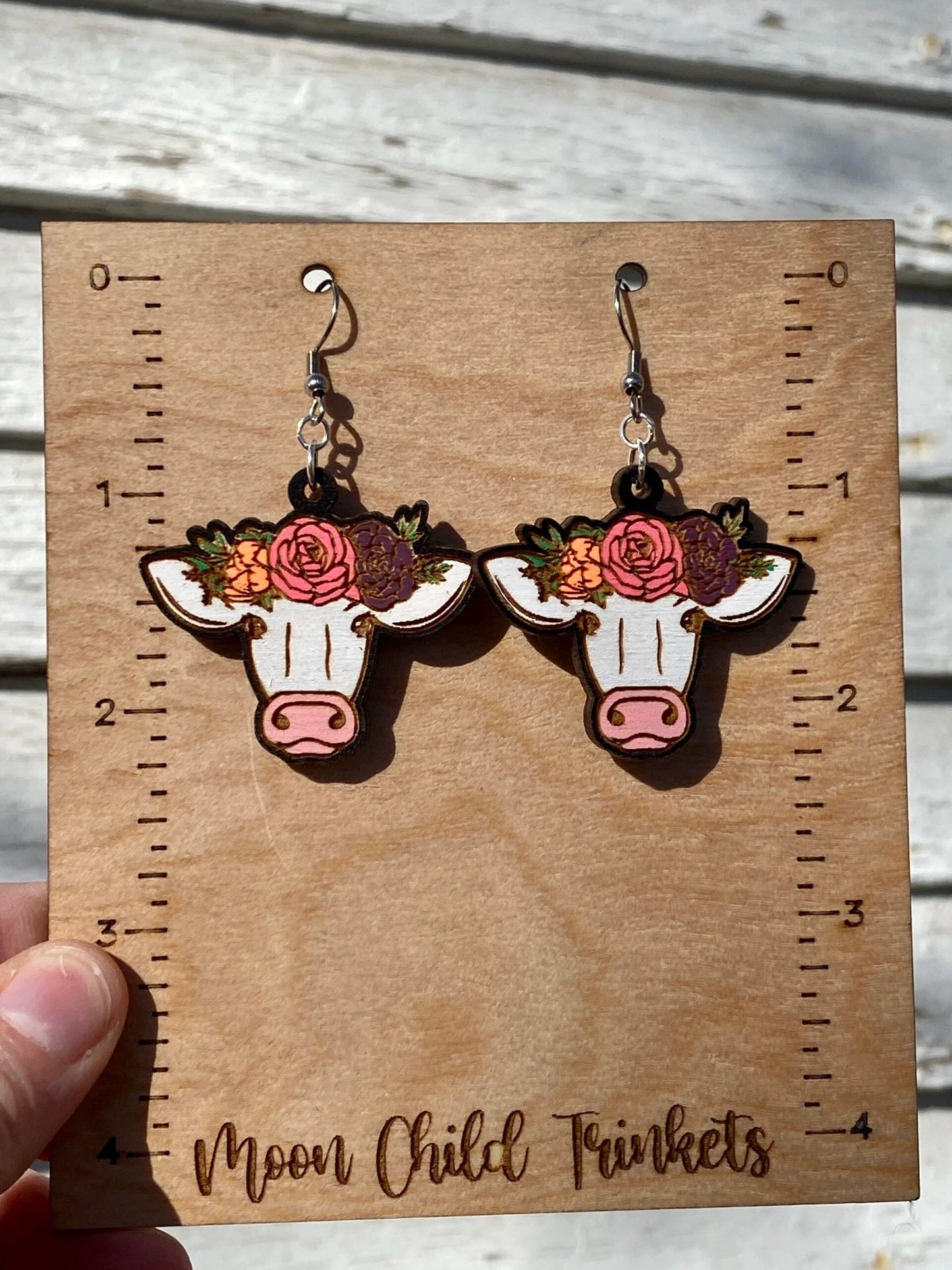 Floral Cow Hand Painted Wood Dangle Earrings image 2