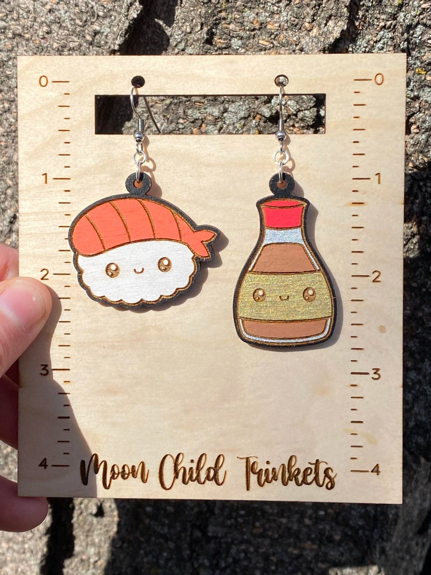 Sushi & Soy Sauce Kawaii Hand Painted Wood Dangle Earrings image 1